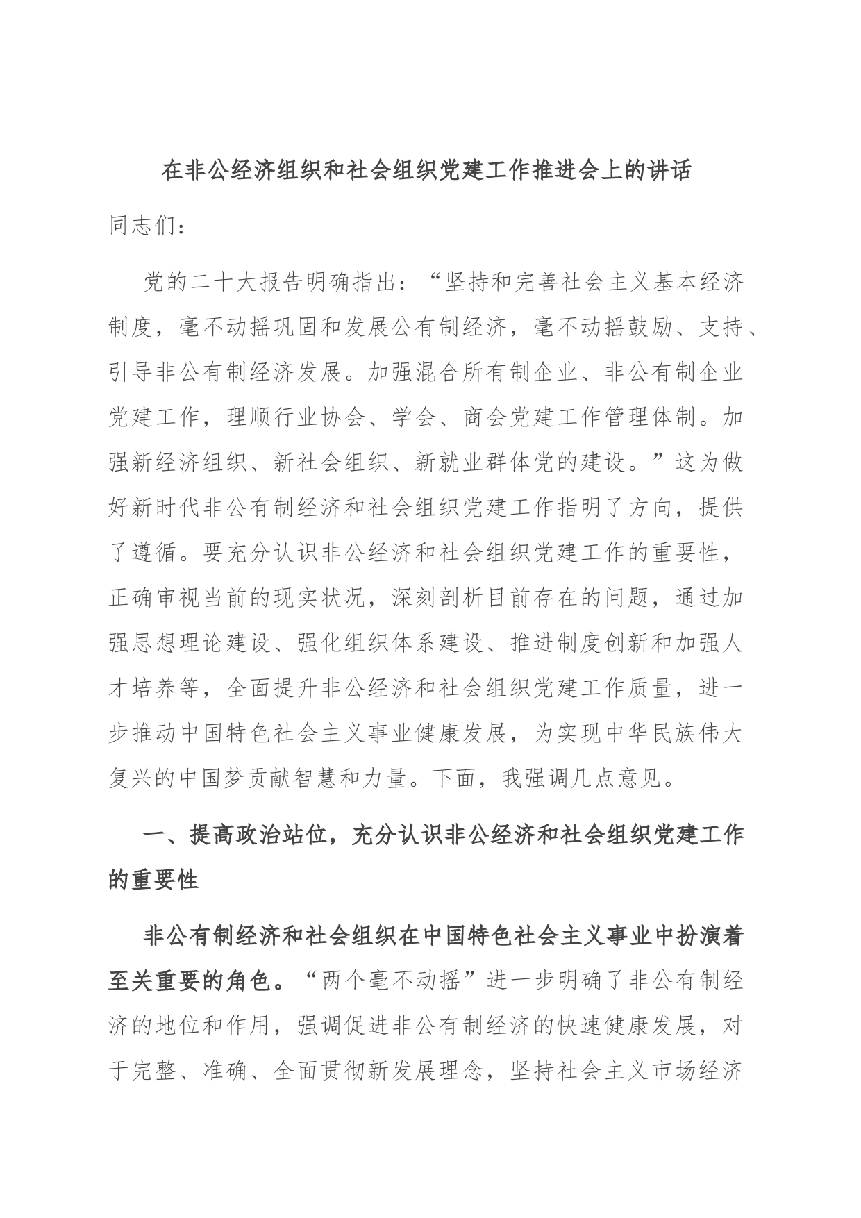 在非公经济组织和社会组织党建工作推进会上的讲话_第1页