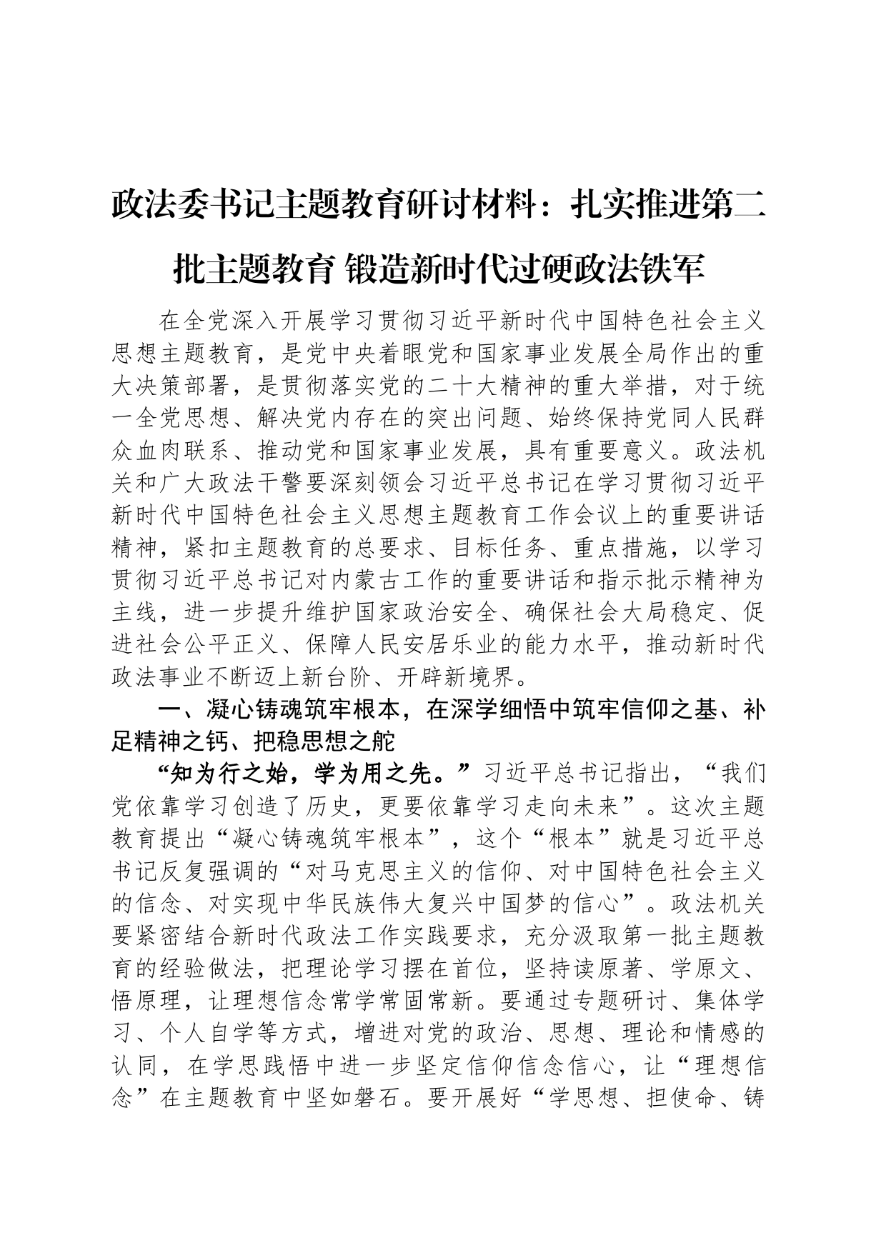 政法委书记主题教育研讨材料：扎实推进第二批主题教育+锻造新时代过硬政法铁军_第1页