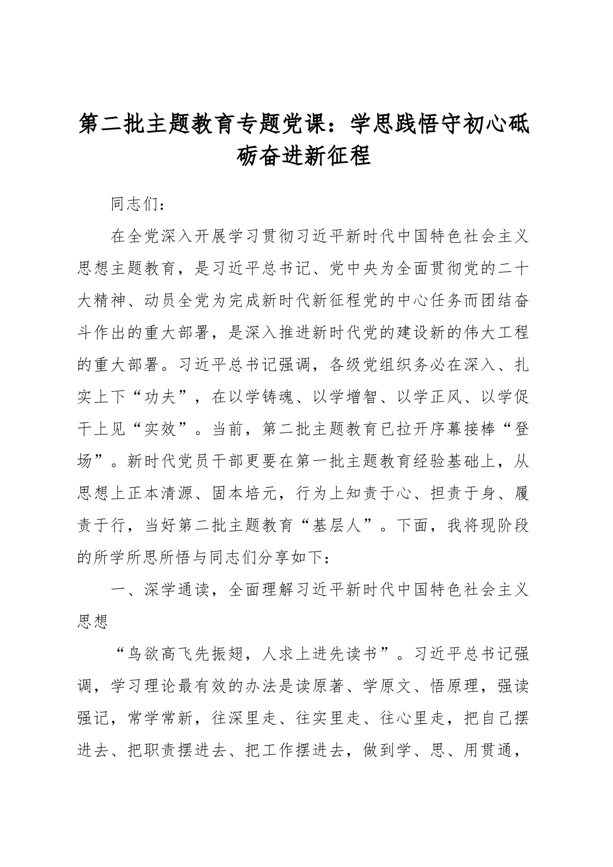 第二批主题教育专题党课：学思践悟守初心 砥砺奋进新征程_第1页