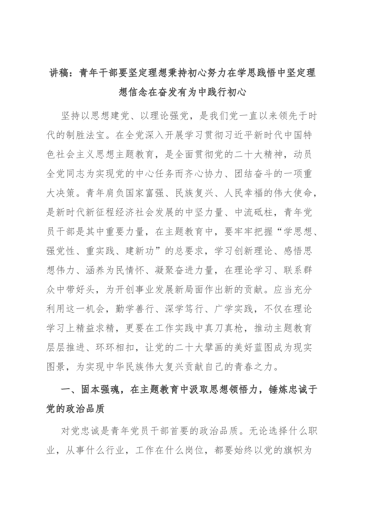 讲稿：青年干部要坚定理想秉持初心 努力在学思践悟中坚定理想信念 在奋发有为中践行初心_第1页