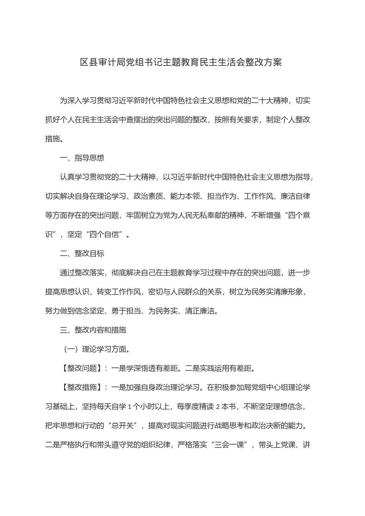 区县审计局党组书记主题教育民主生活会整改方案_第1页