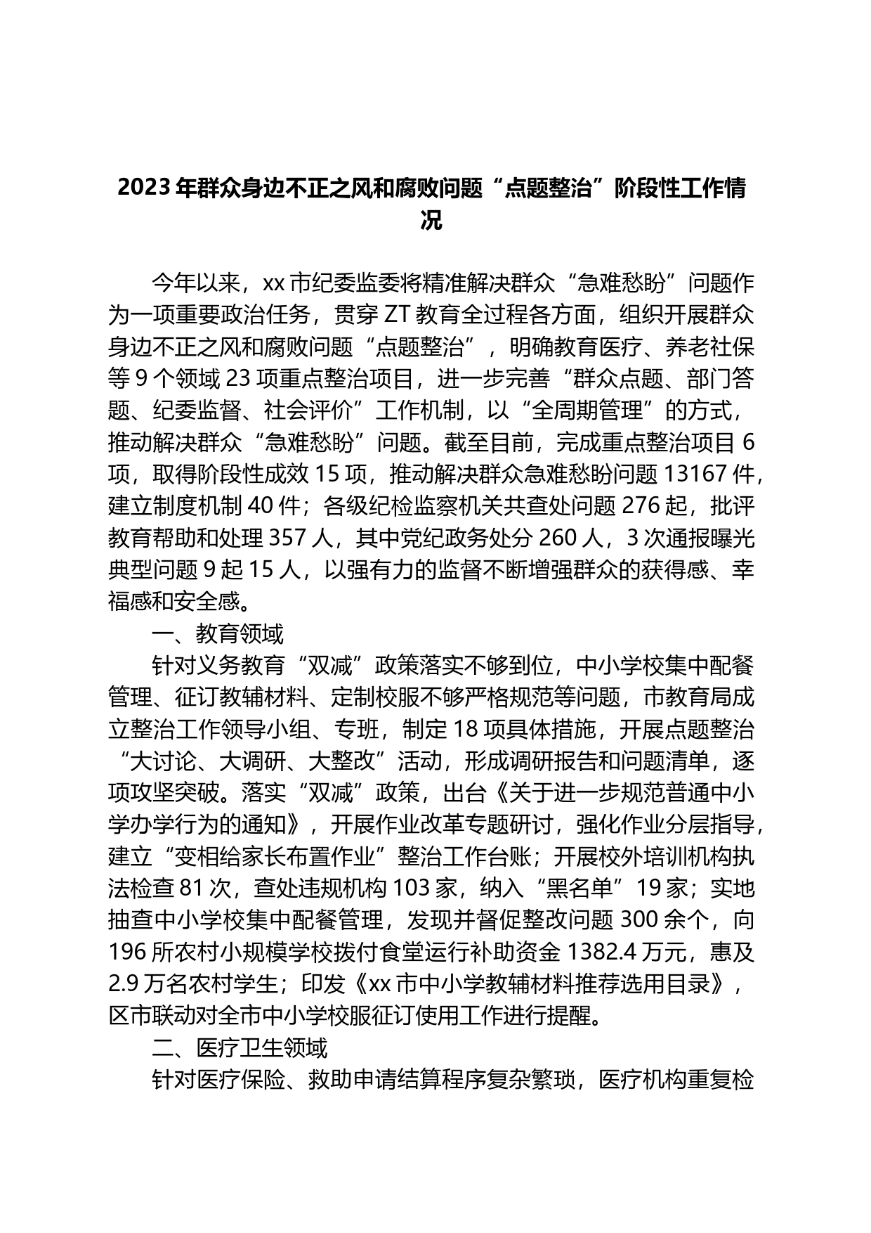 2023年群众身边不正之风和腐败问题“点题整治”阶段性工作情况_第1页