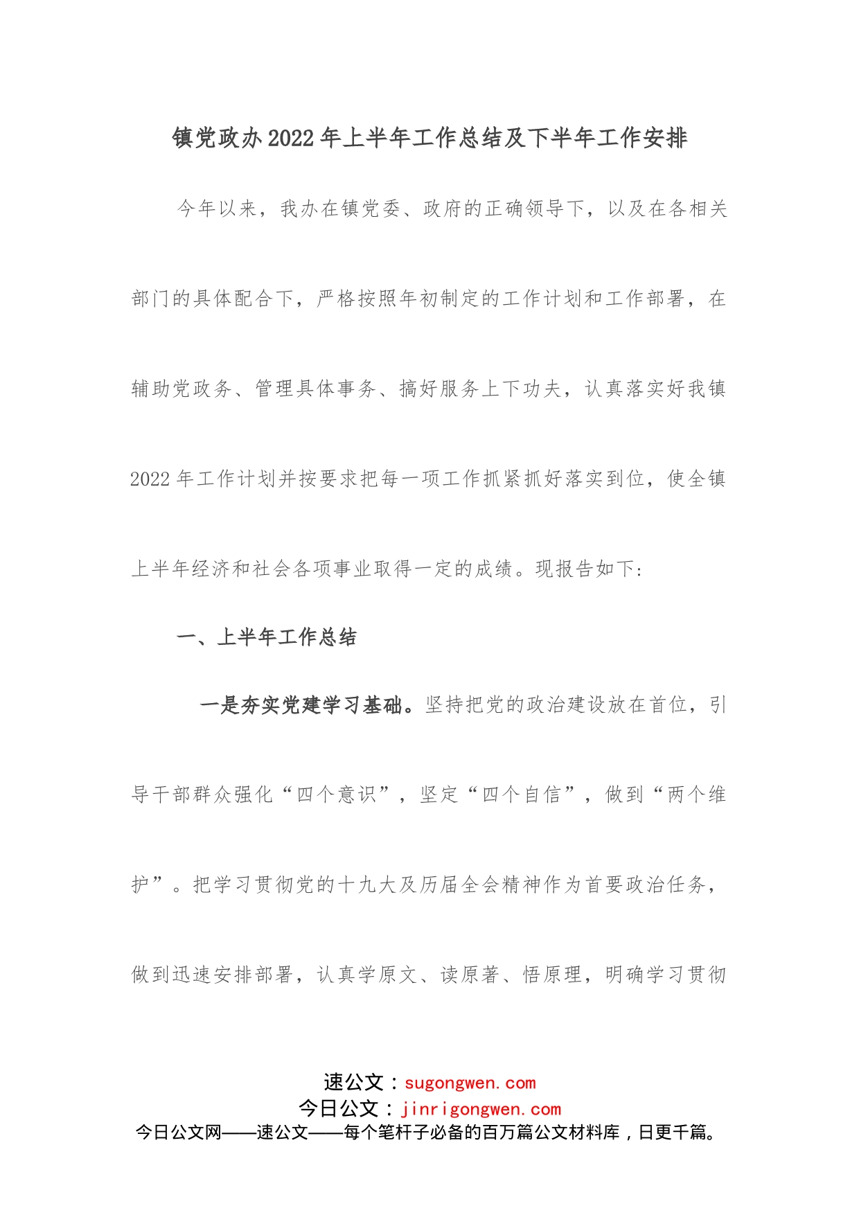 镇党政办2022年上半年工作总结及下半年工作安排_第1页