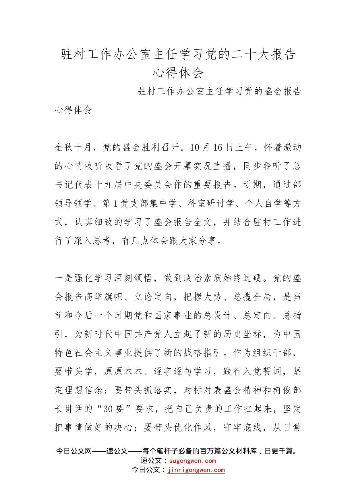 驻村工作办公室主任学习党的二十大报告心得体会_第1页