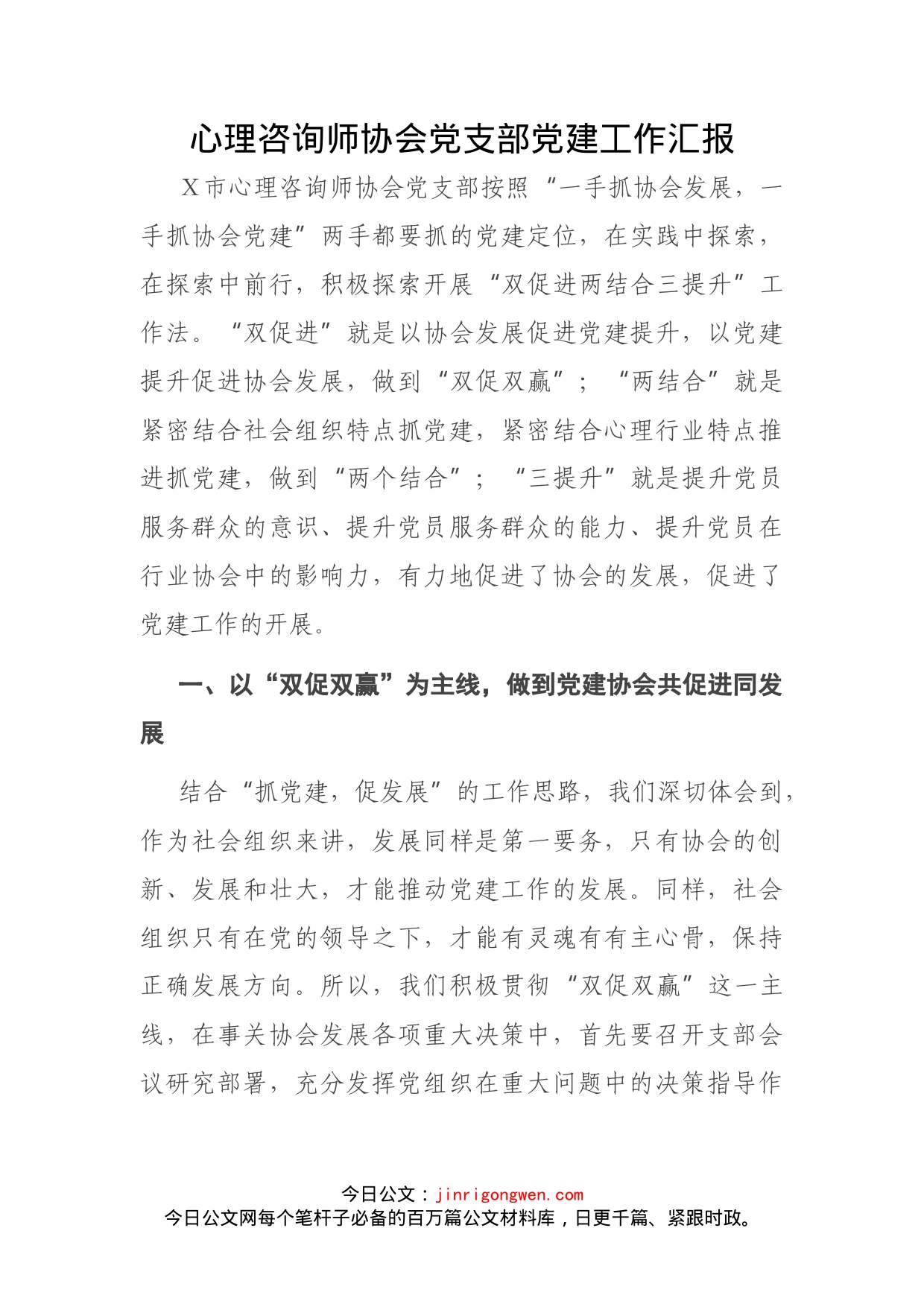 心理咨询师协会党支部党建工作汇报_第1页