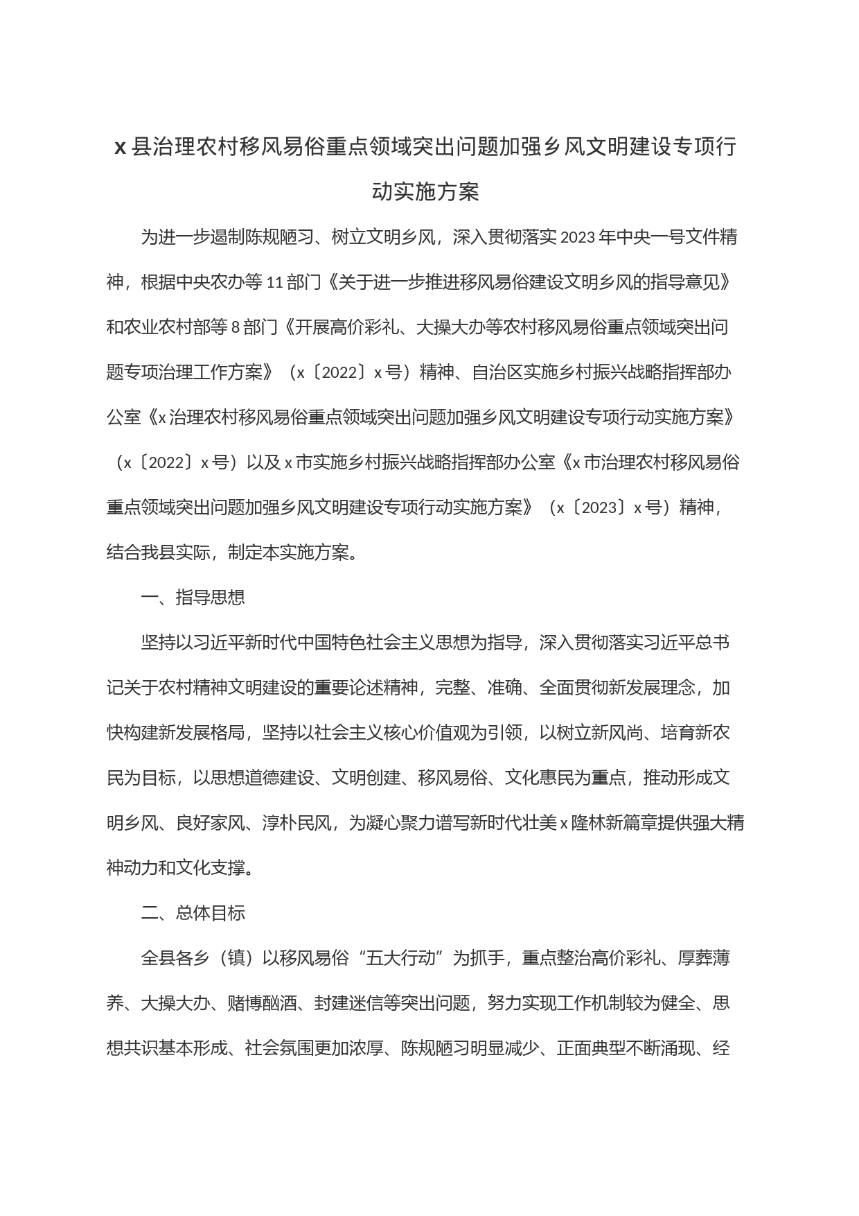 x县治理农村移风易俗重点领域突出问题加强乡风文明建设专项行动实施方案_第1页