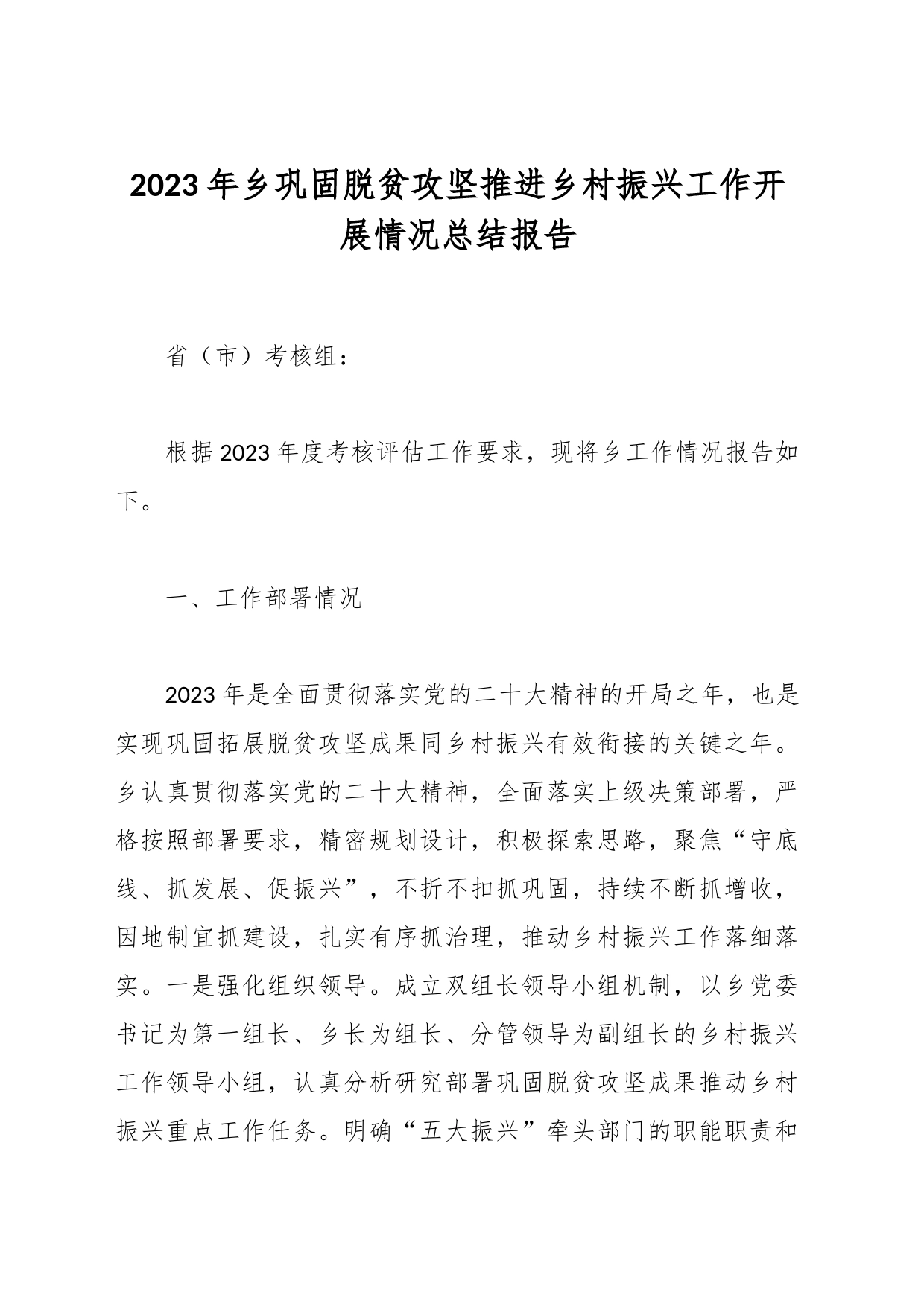 2023年乡巩固脱贫攻坚推进乡村振兴工作开展情况总结报告_第1页