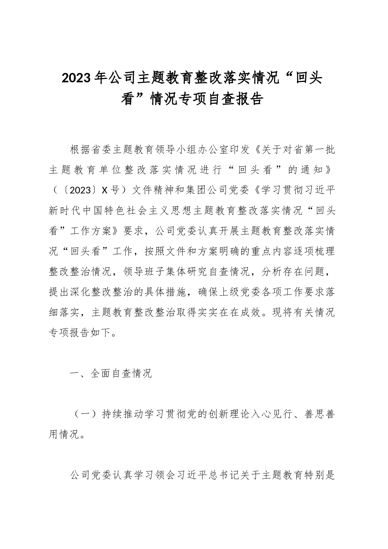 2023年公司主题教育整改落实情况“回头看”情况专项自查报告_第1页