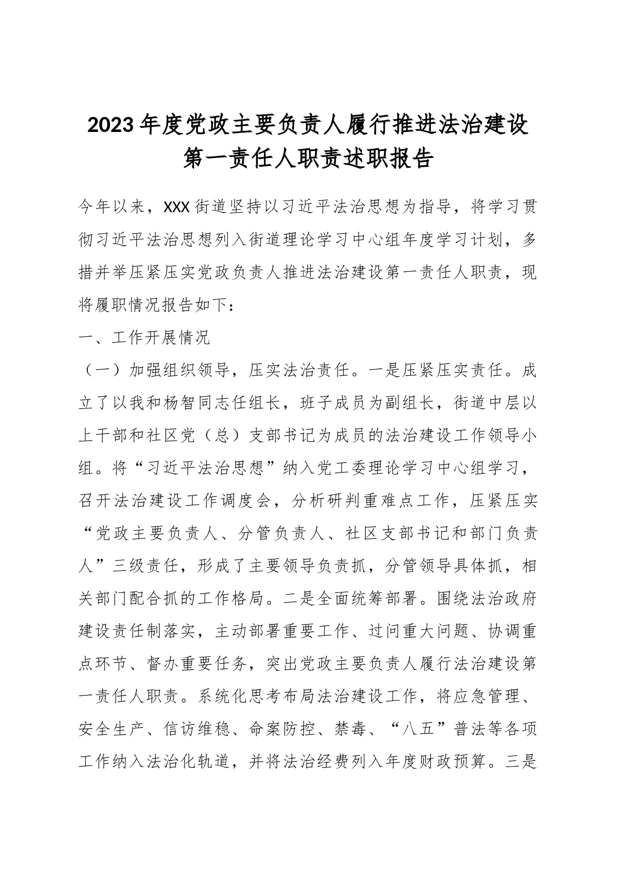 2023年度党政主要负责人履行推进法治建设第一责任人职责述职报告_第1页