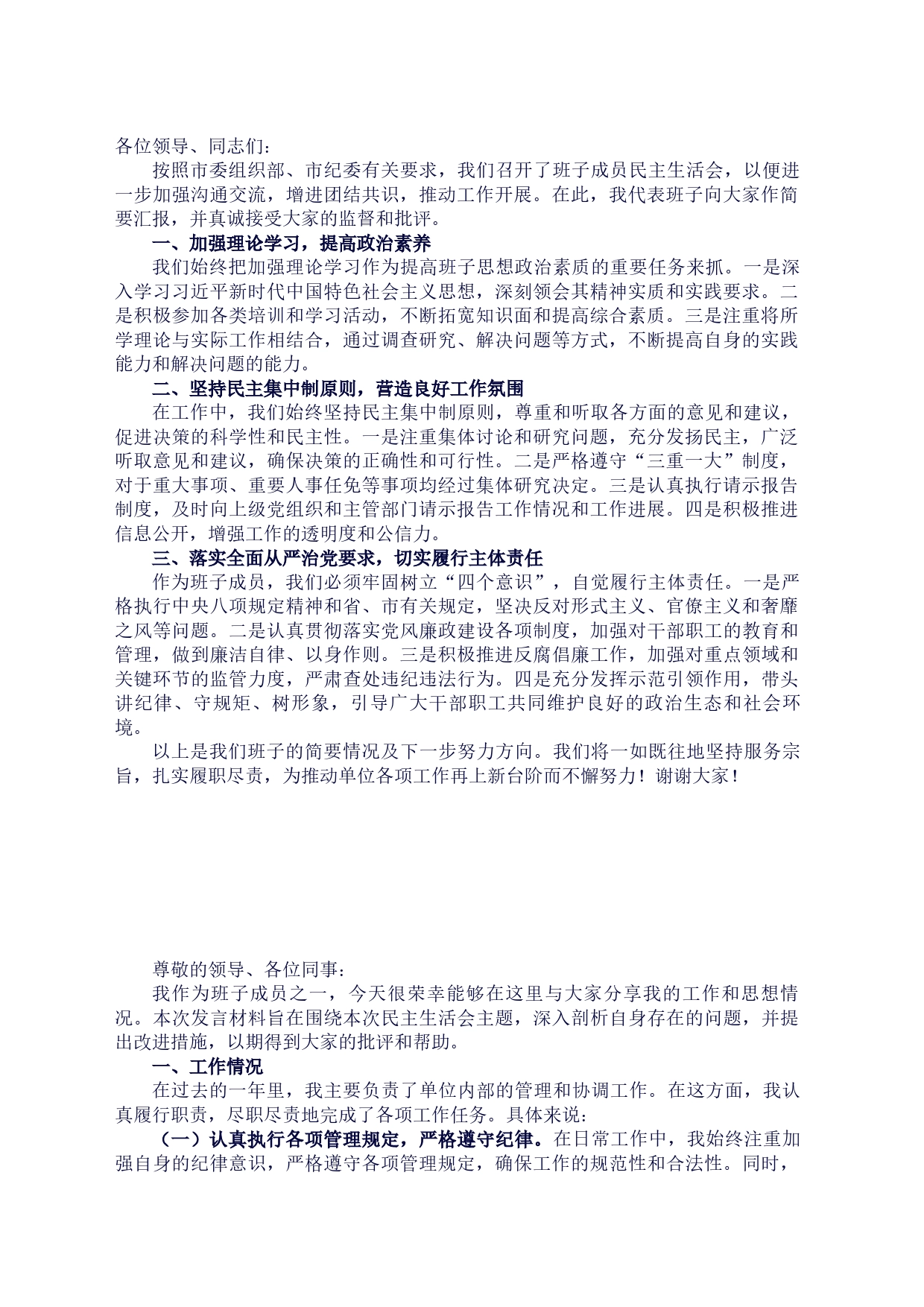 2023年民主生活会班子成员发言材料2篇_第1页