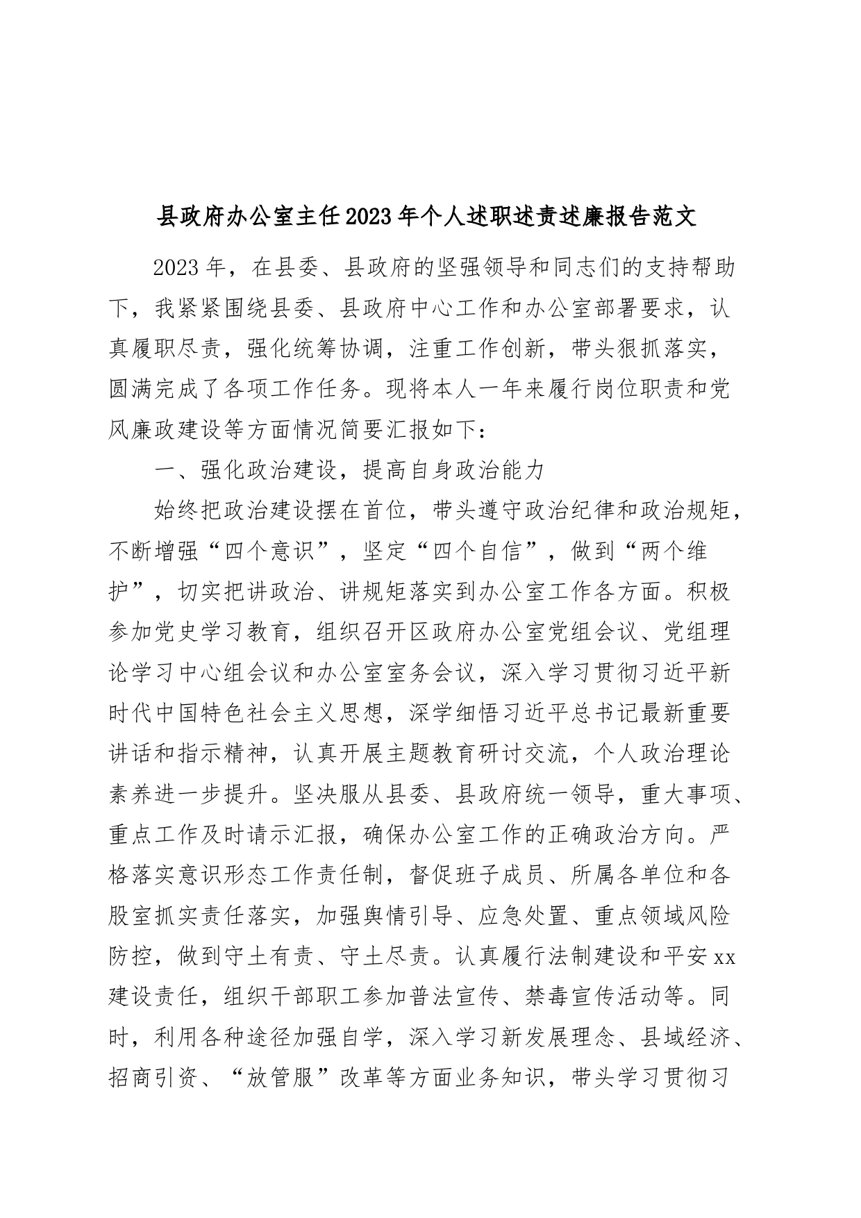 县政府办公室主任2023年个人述职述责述廉报告工作总结汇报_第1页