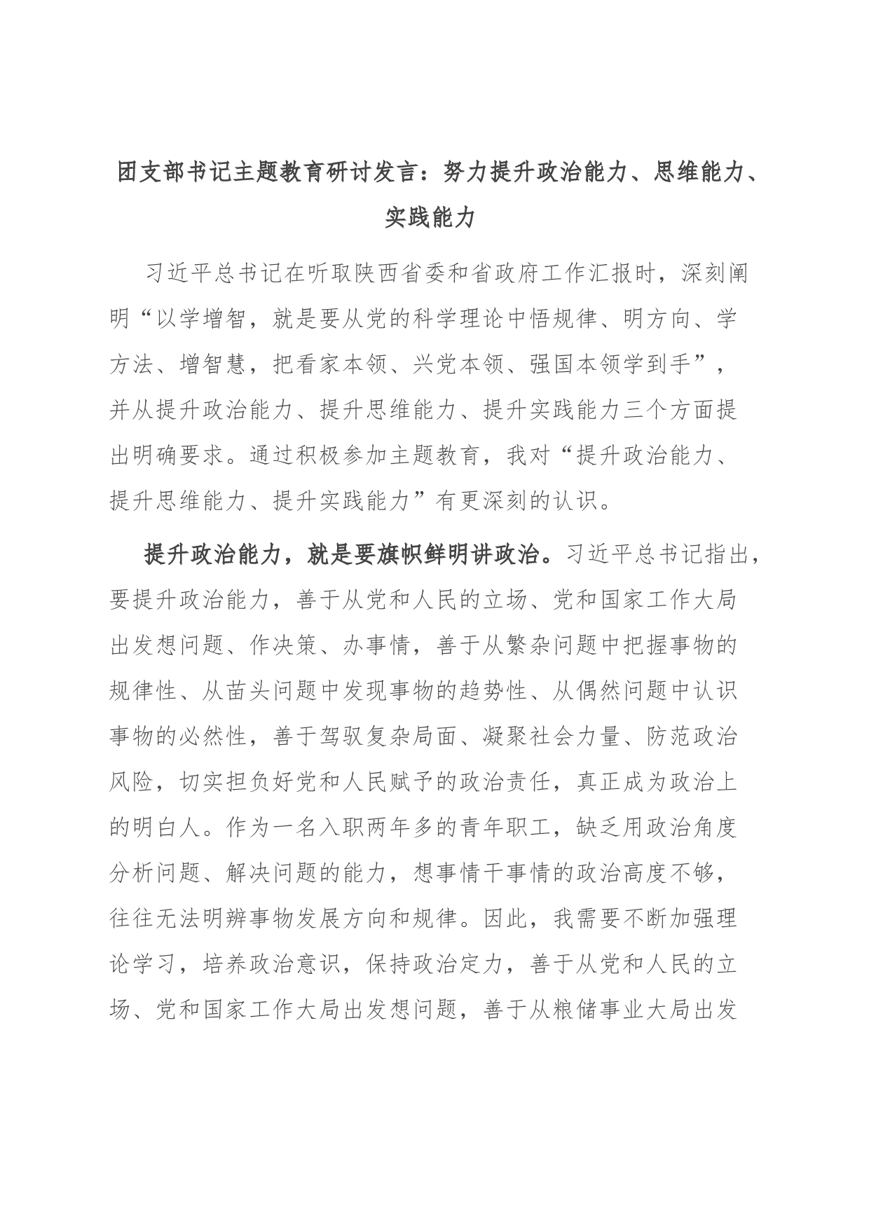 团支部书记主题教育研讨发言：努力提升政治能力、思维能力、实践能力_第1页
