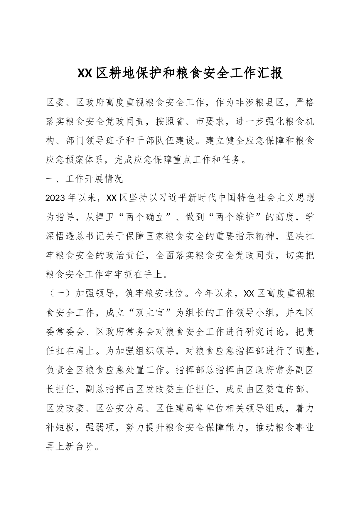 XX区耕地保护和粮食安全工作汇报_第1页