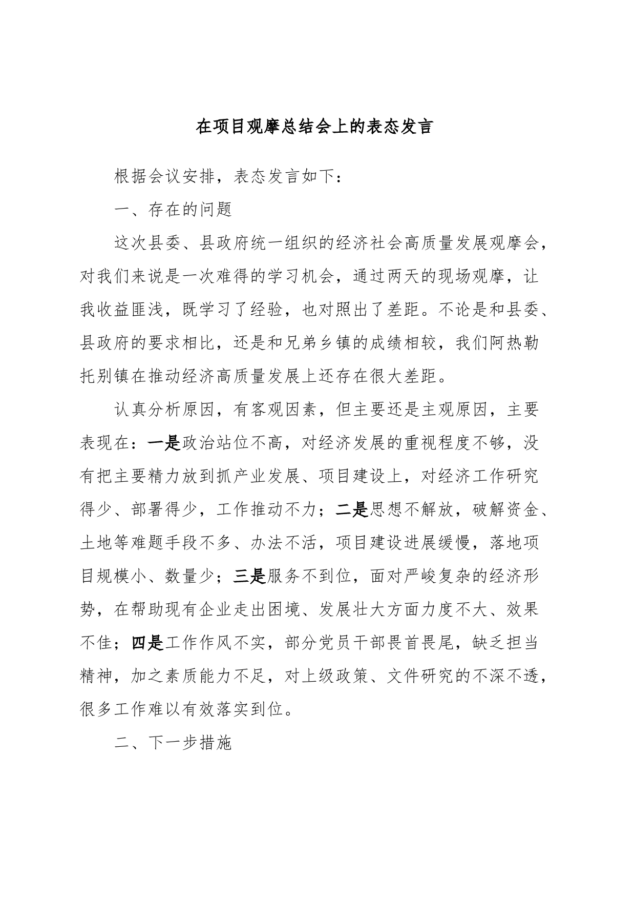 在项目观摩总结会上的表态发言_第1页
