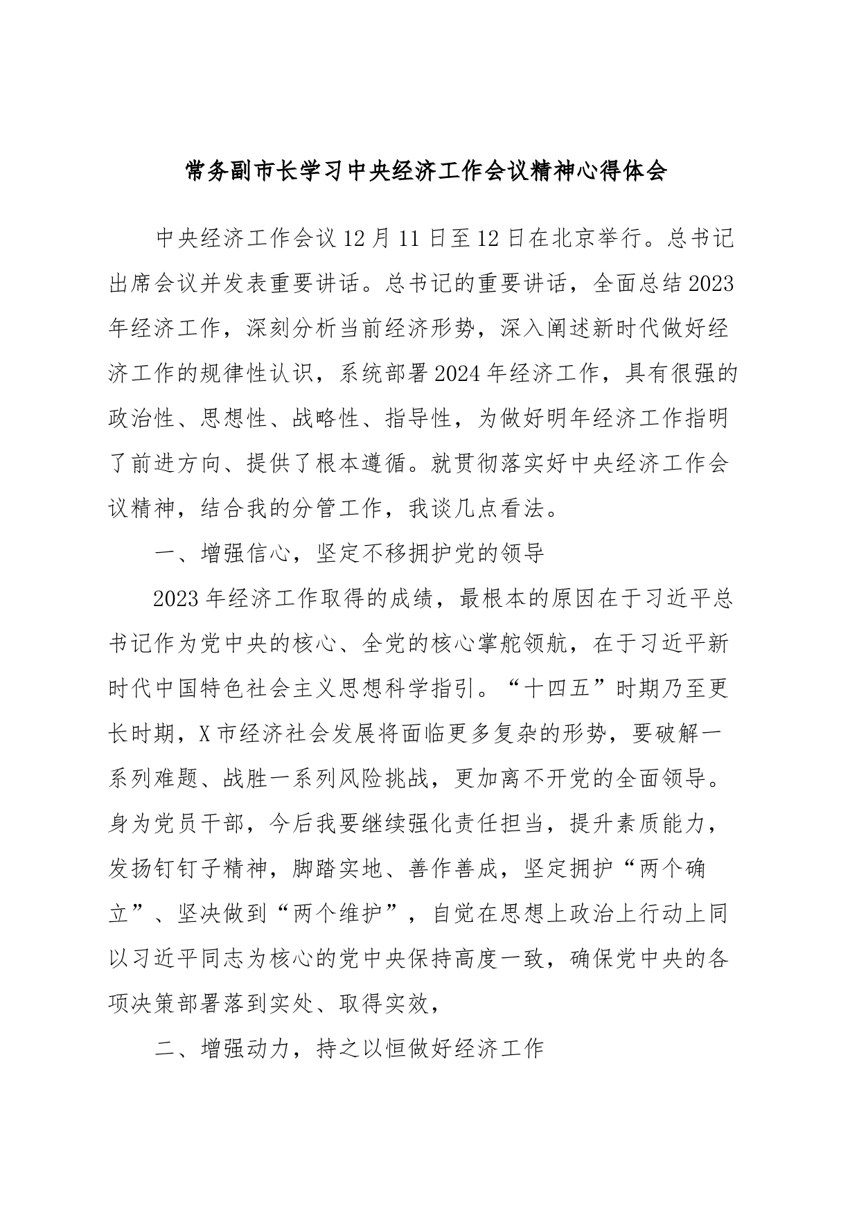 常务副市长学习中央经济工作会议精神心得体会_第1页