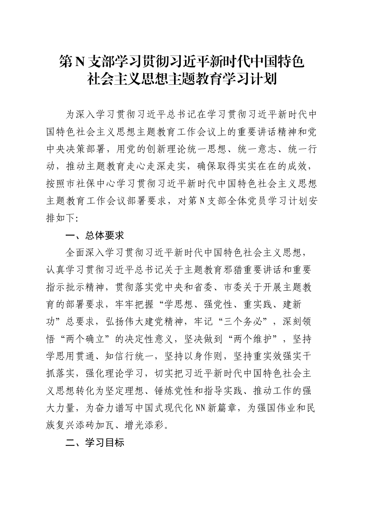 第N党支部学习贯彻新时代中国特色社会主义思想主题教育学习计划_第1页