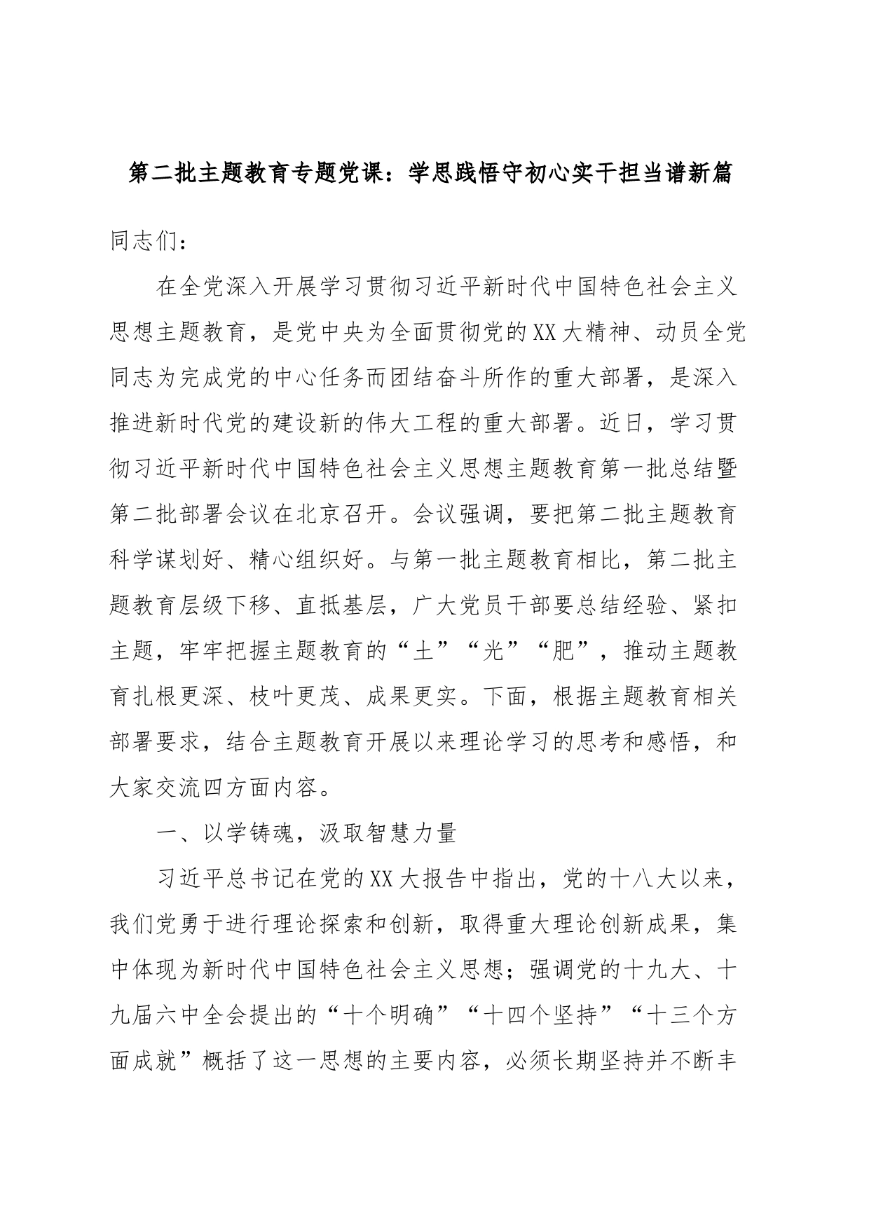 第二批主题教育专题党课：学思践悟守初心实干担当谱新篇_第1页