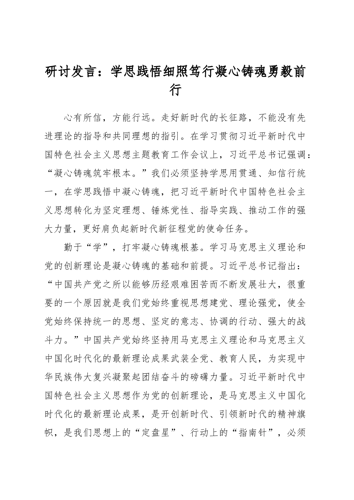 研讨发言：学思践悟细照笃行凝心铸魂勇毅前行_第1页