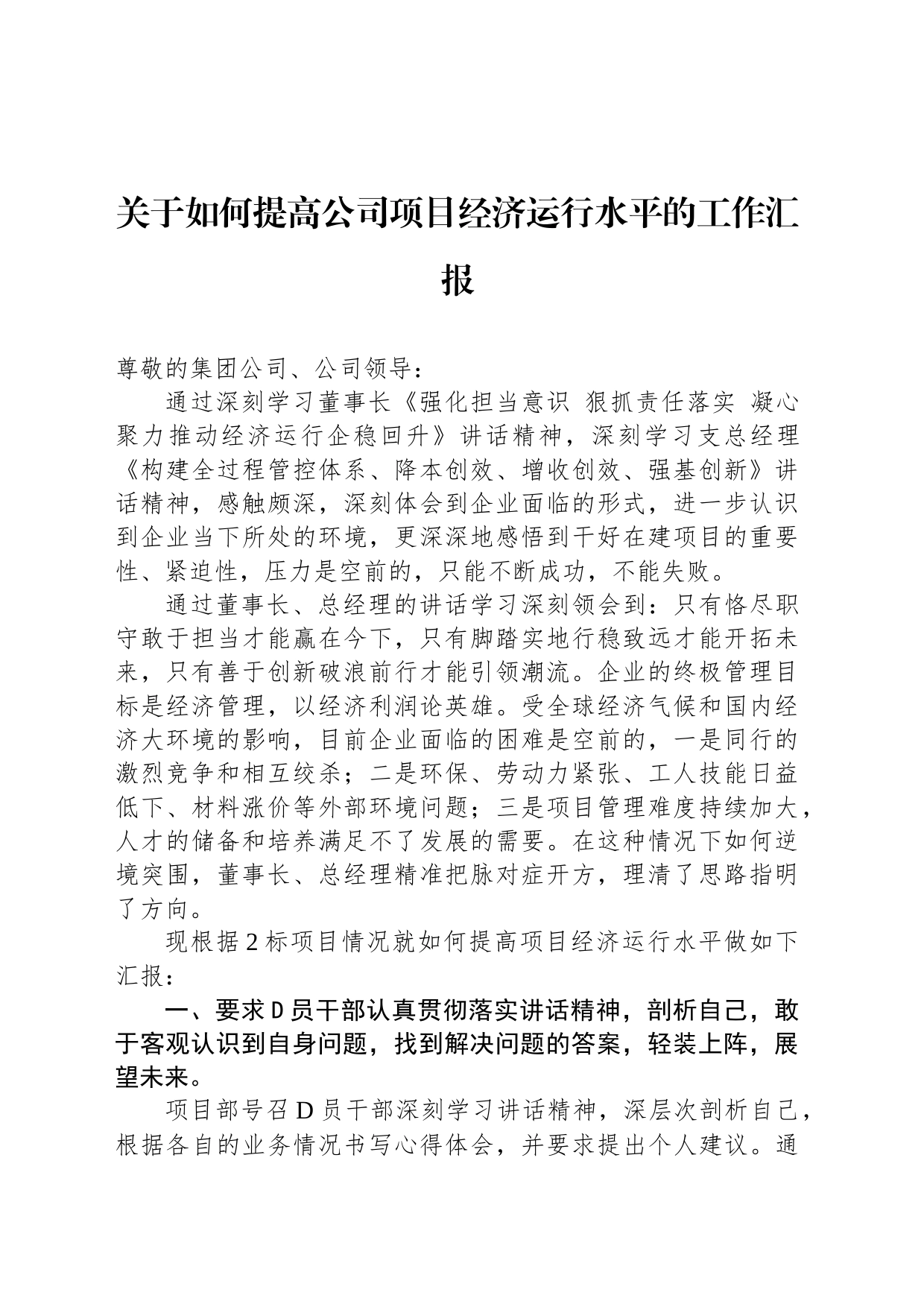 关于如何提高公司项目经济运行水平的工作汇报_第1页