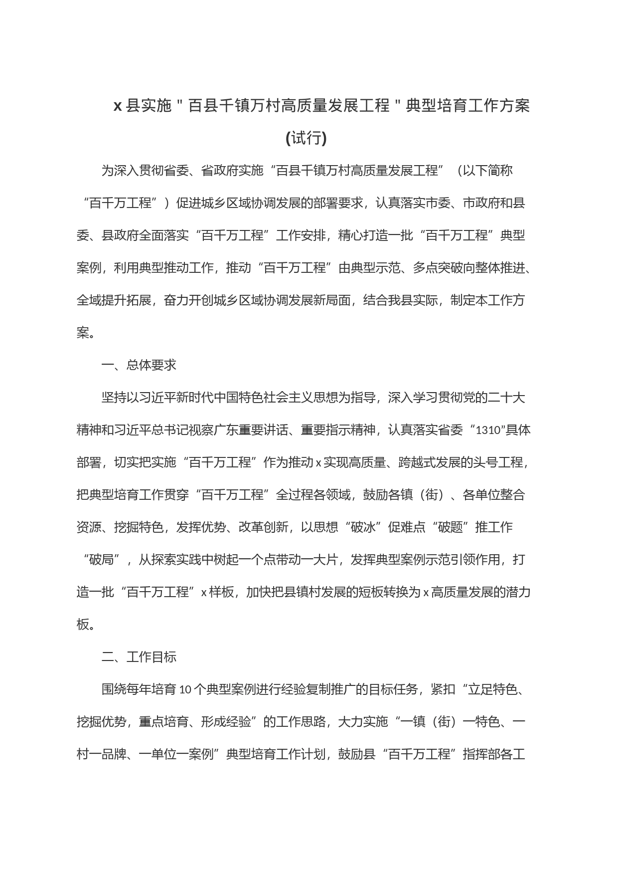 x县实施＂百县千镇万村高质量发展工程＂典型培育工作方案(试行)_第1页