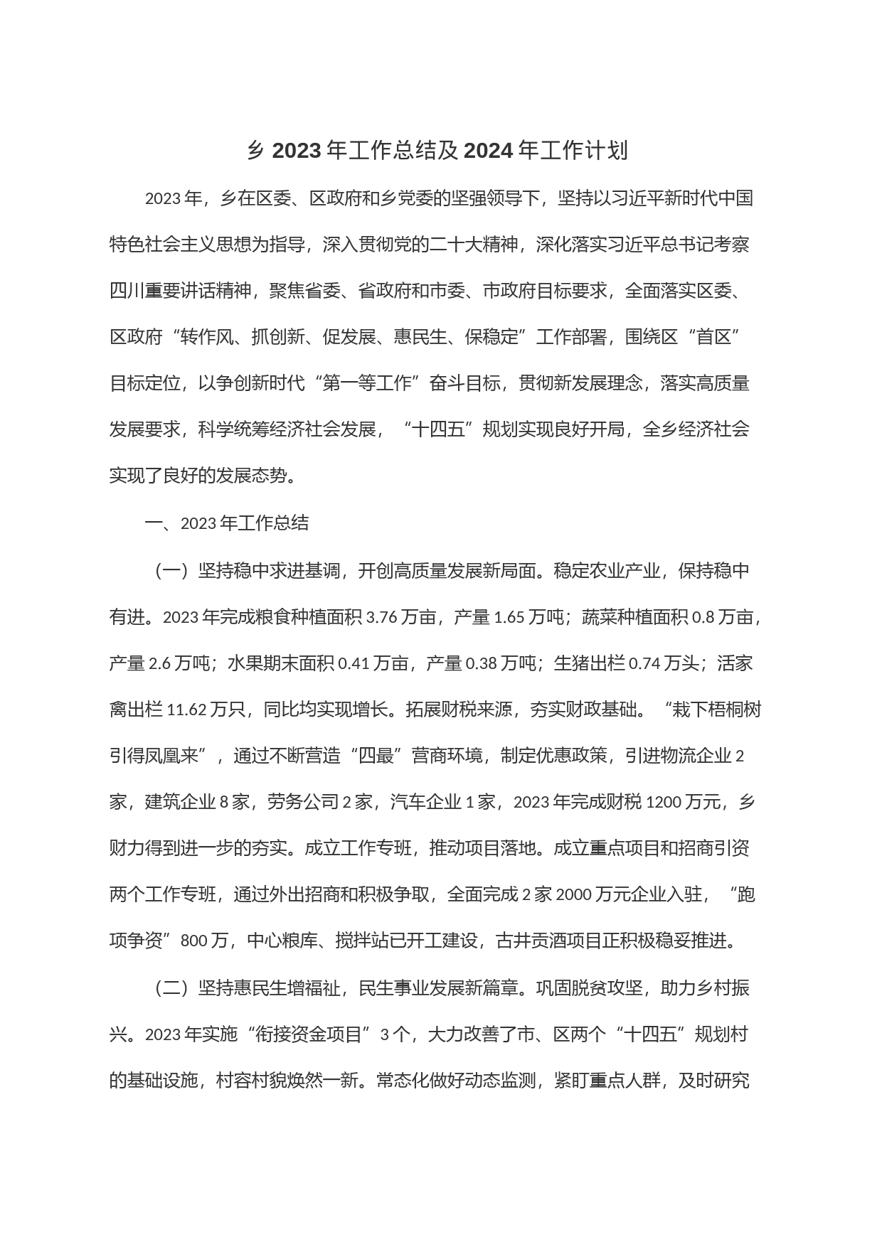 乡2023年工作总结及2024年工作计划_第1页
