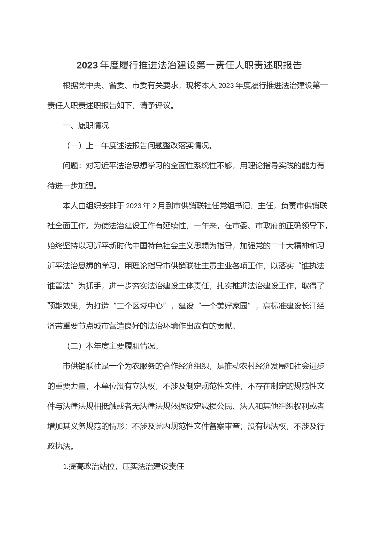 2023年度履行推进法治建设第一责任人职责述职报告_第1页