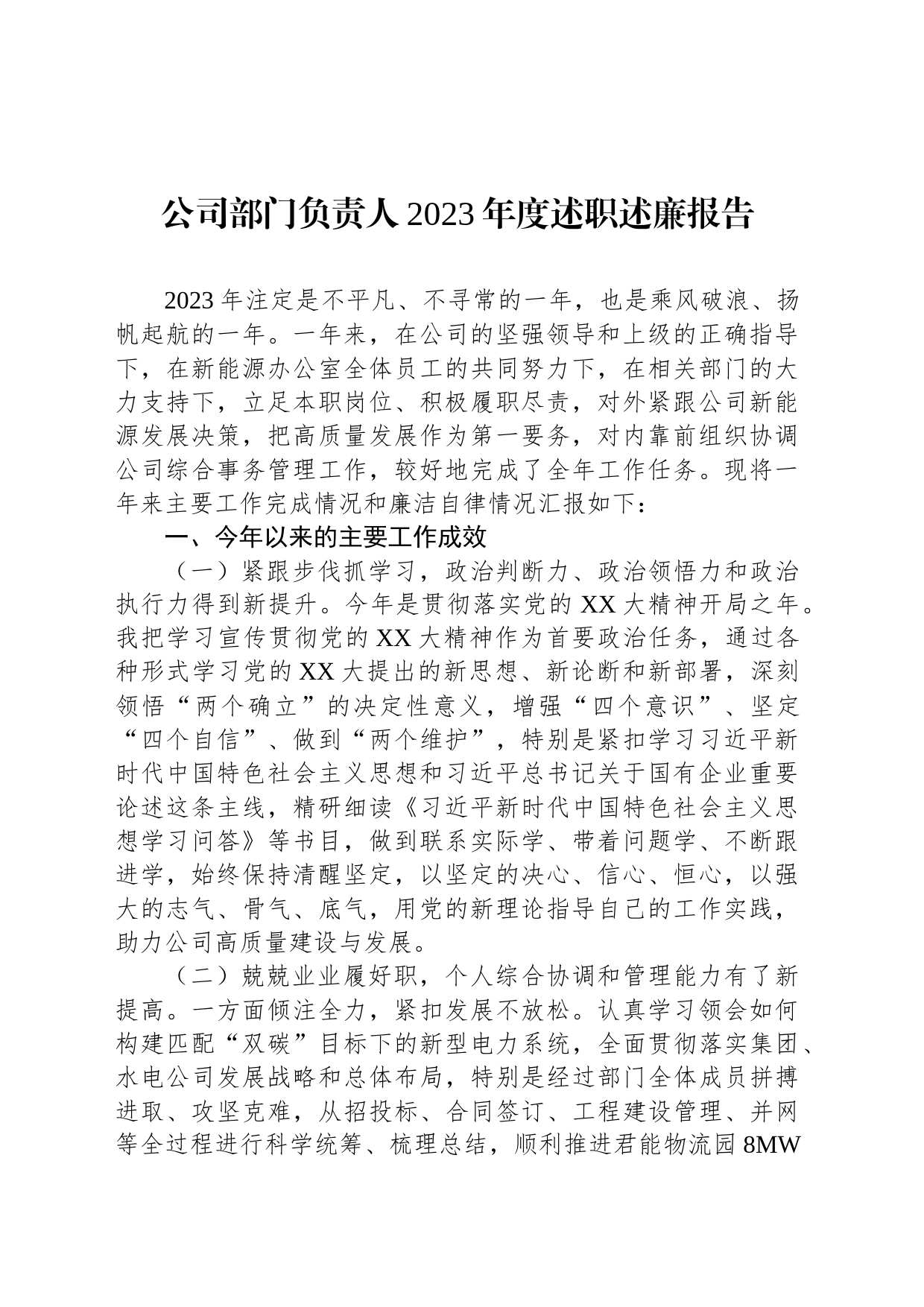 公司部门负责人2023年度述职述廉报告_第1页