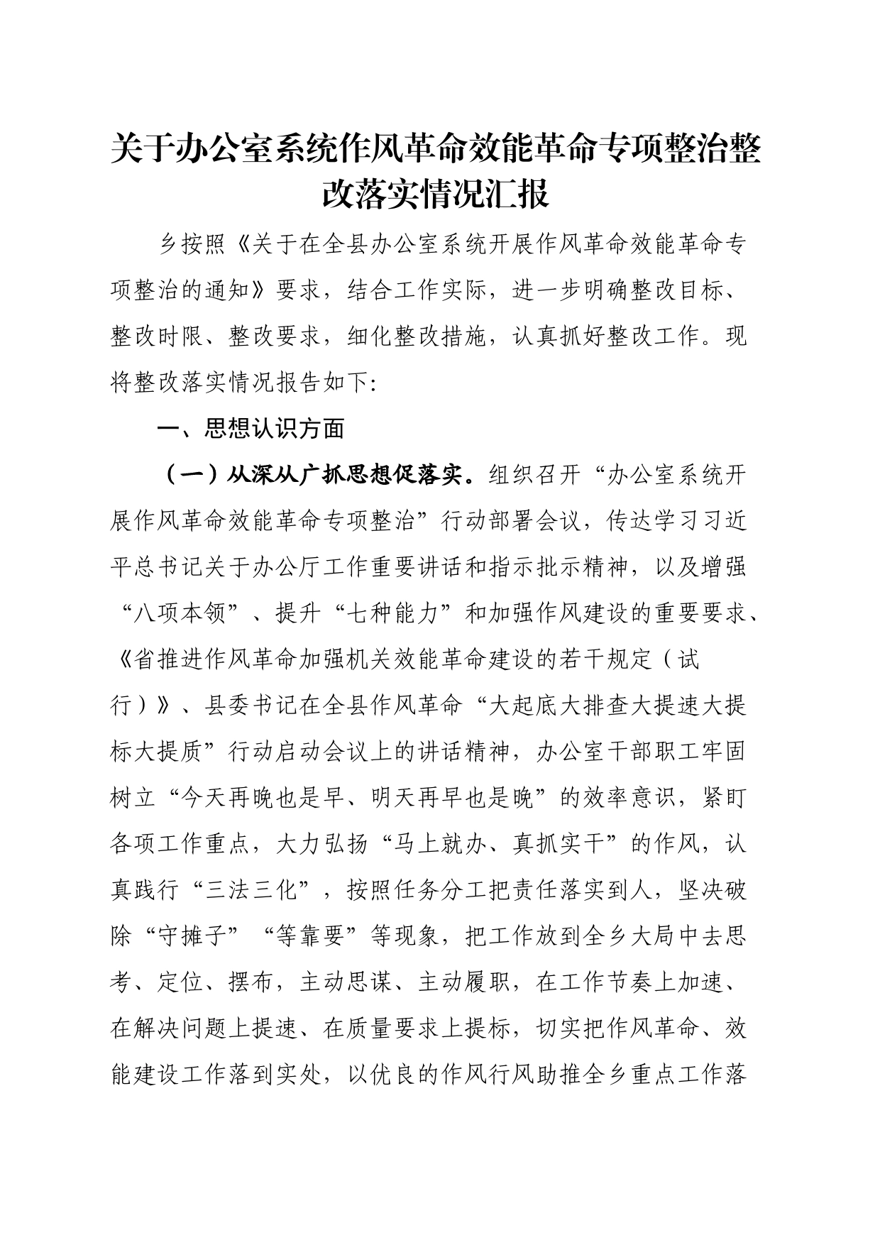 关于办公室系统作风革命效能革命专项整治整改落实情况汇报_第1页