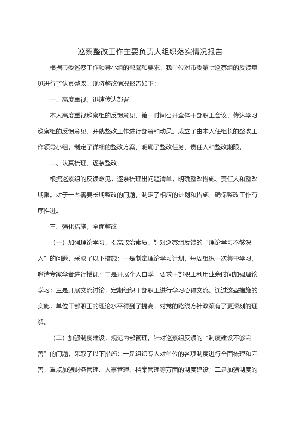 巡察整改工作主要负责人组织落实情况报告_第1页