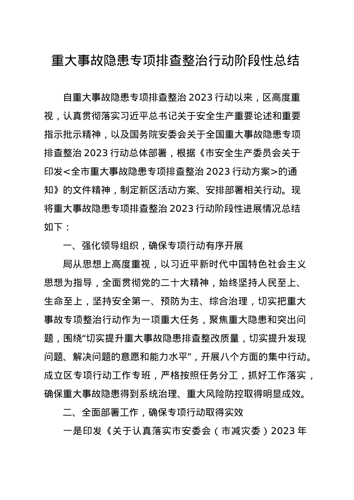 重大事故隐患专项排查整治行动阶段性总结_第1页