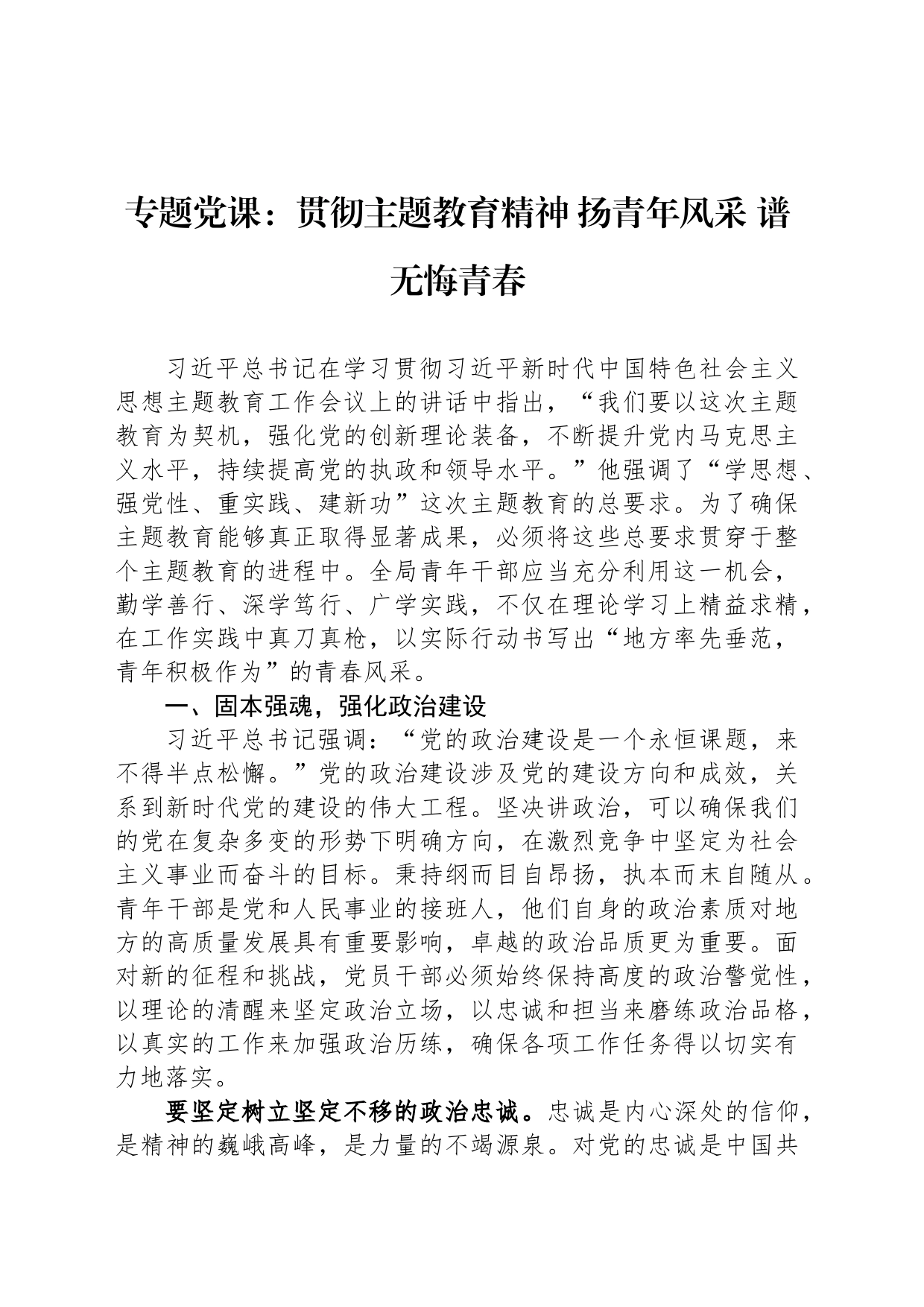 专题党课：贯彻主题教育精神 扬青年风采 谱无悔青春_第1页