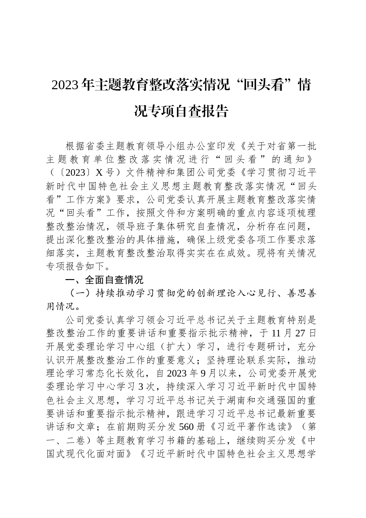 2023年主题教育整改落实情况“回头看”情况专项自查报告_第1页