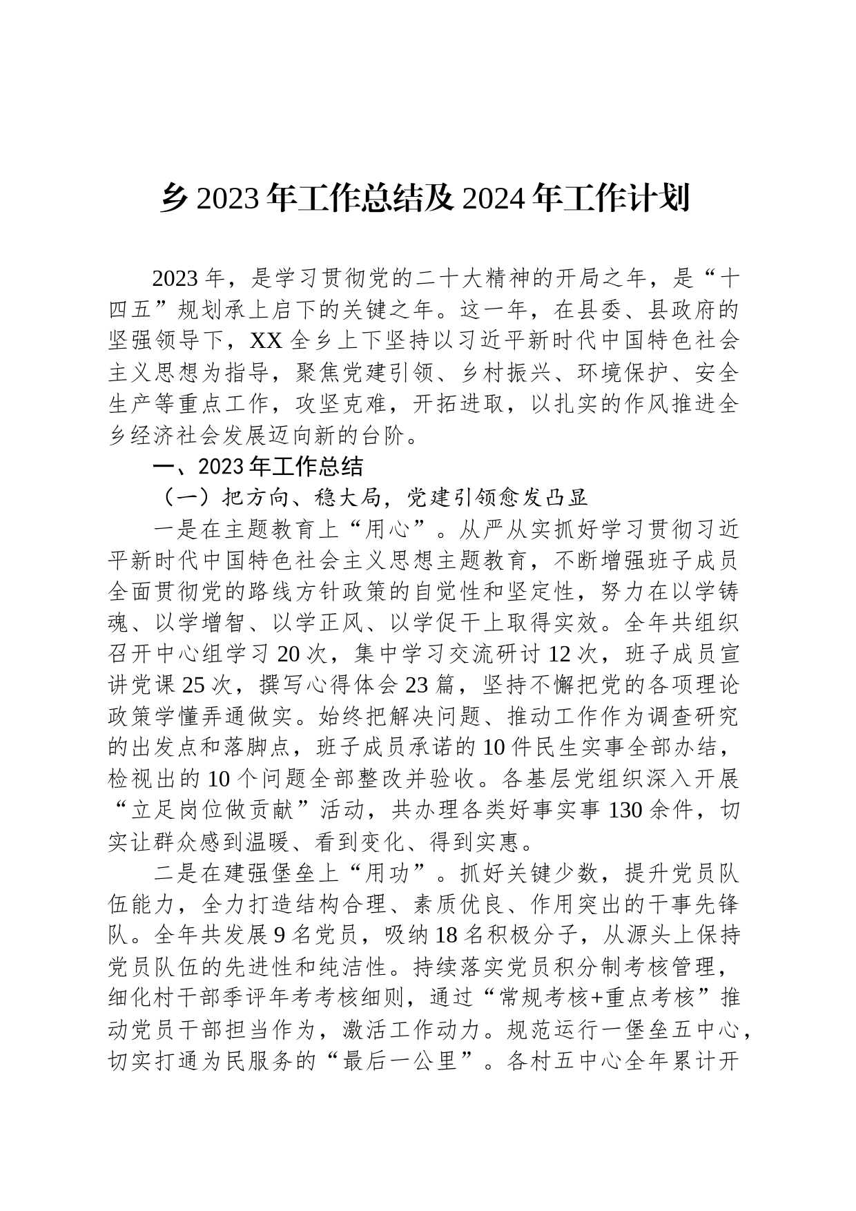 乡2023年工作总结及2024年工作计划(20240109)_第1页