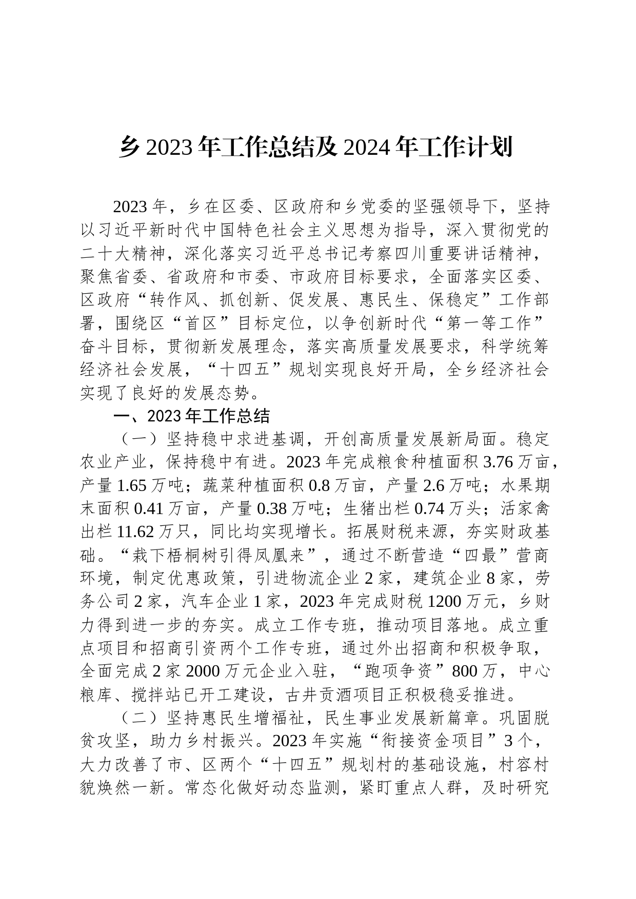 乡2023年工作总结及2024年工作计划_第1页