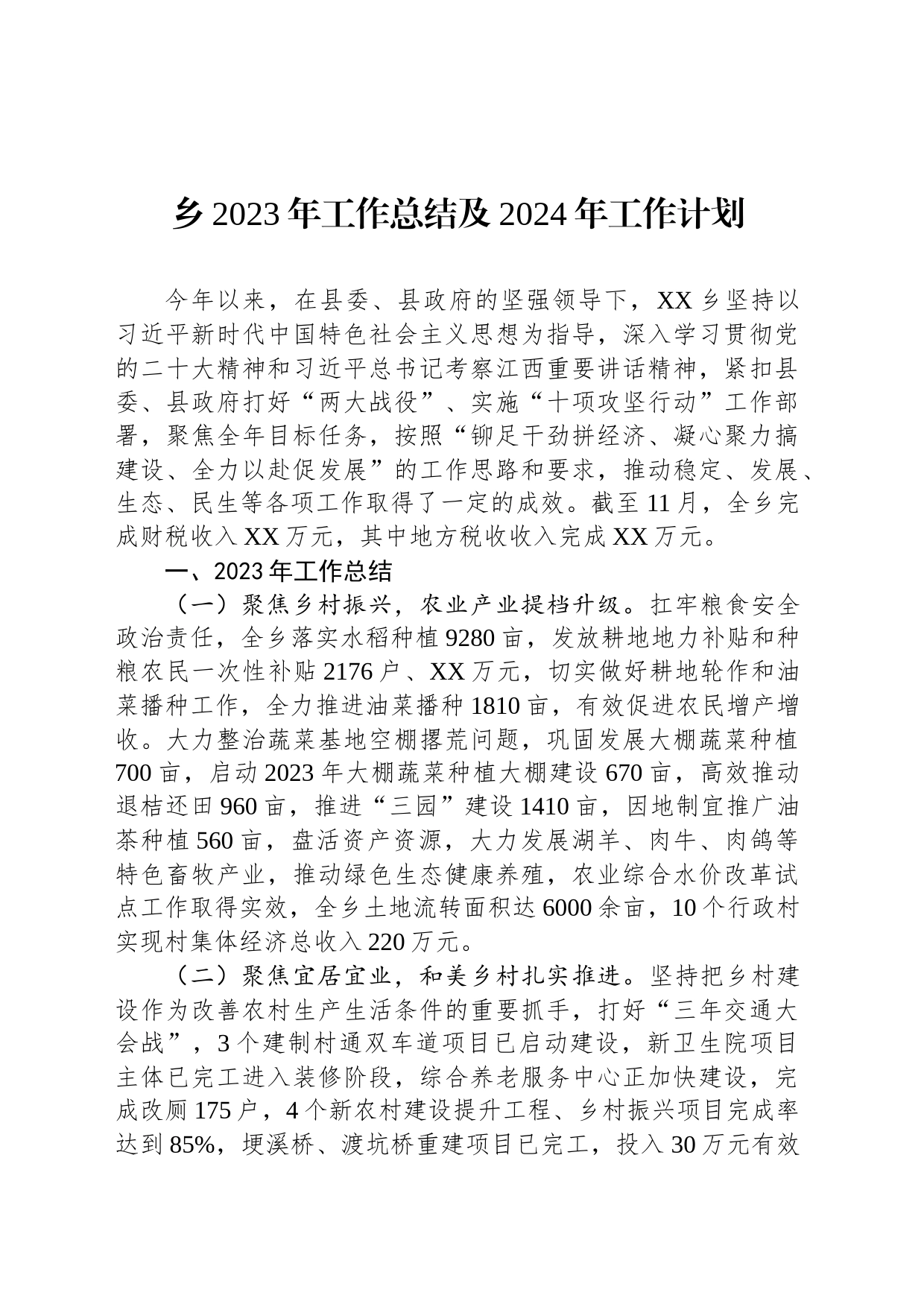 乡2023年工作总结及2024年工作计划（20240104）_第1页