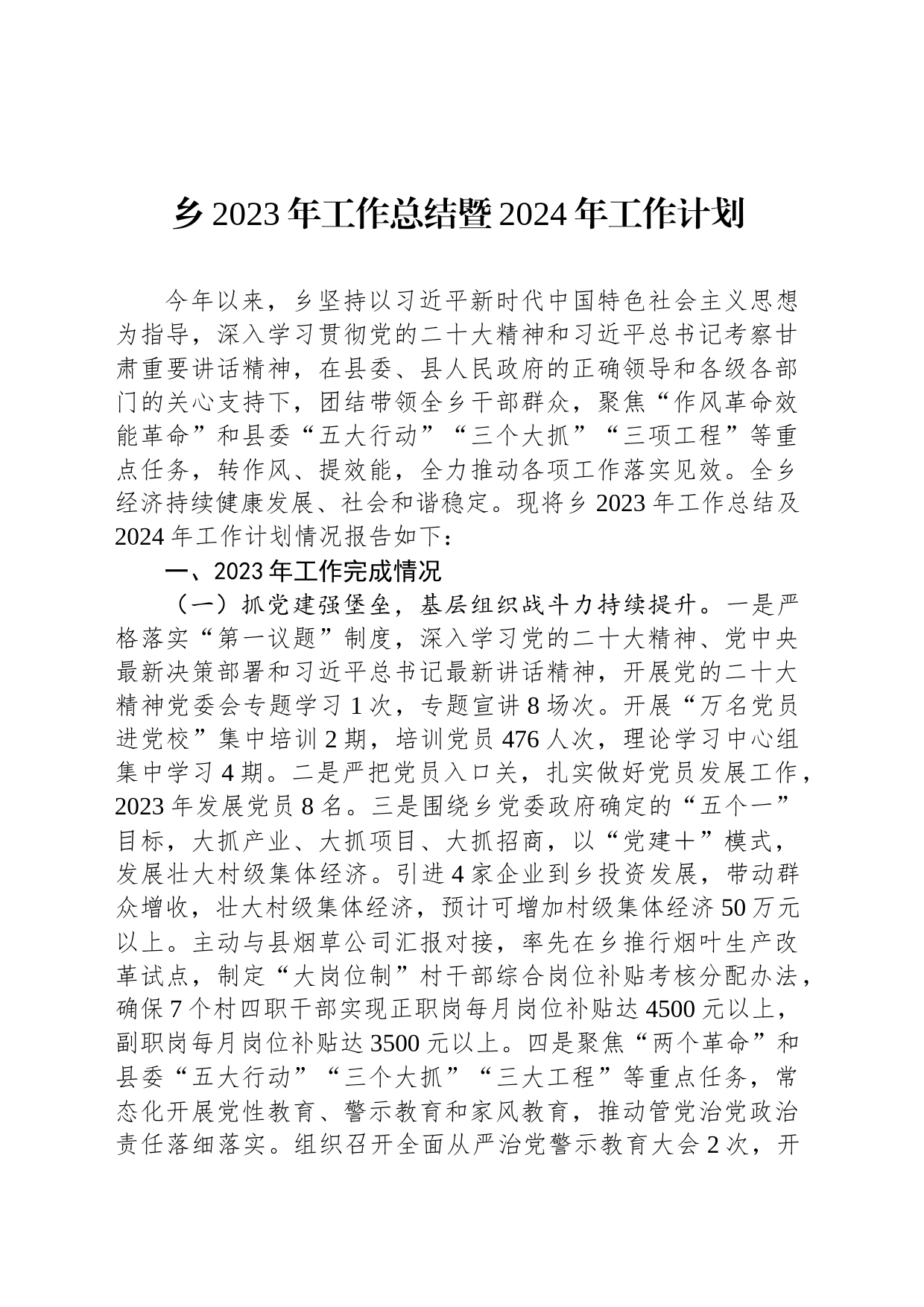 乡2023年工作总结暨2024年工作计划_第1页