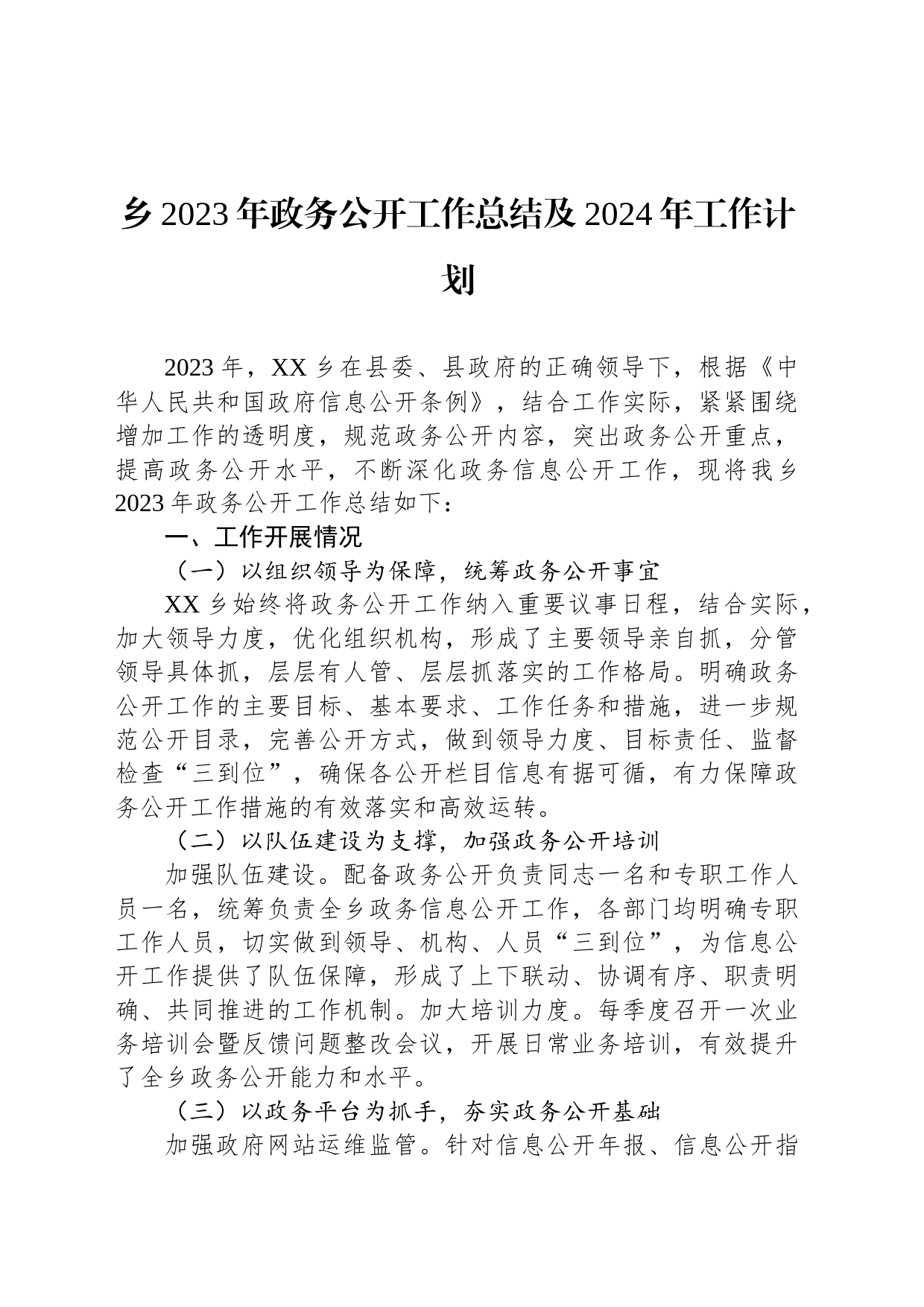 乡2023年政务公开工作总结及2024年工作计划(20231217)_第1页