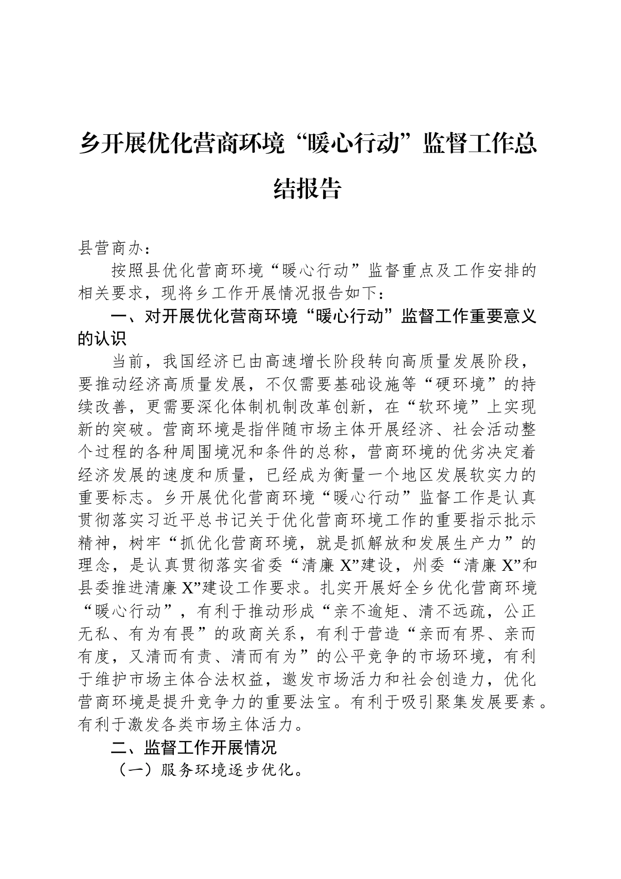 乡开展优化营商环境“暖心行动”监督工作总结报告_第1页