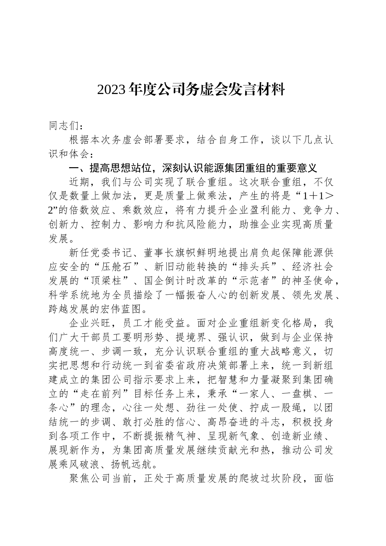 2023年度公司务虚会发言材料_第1页