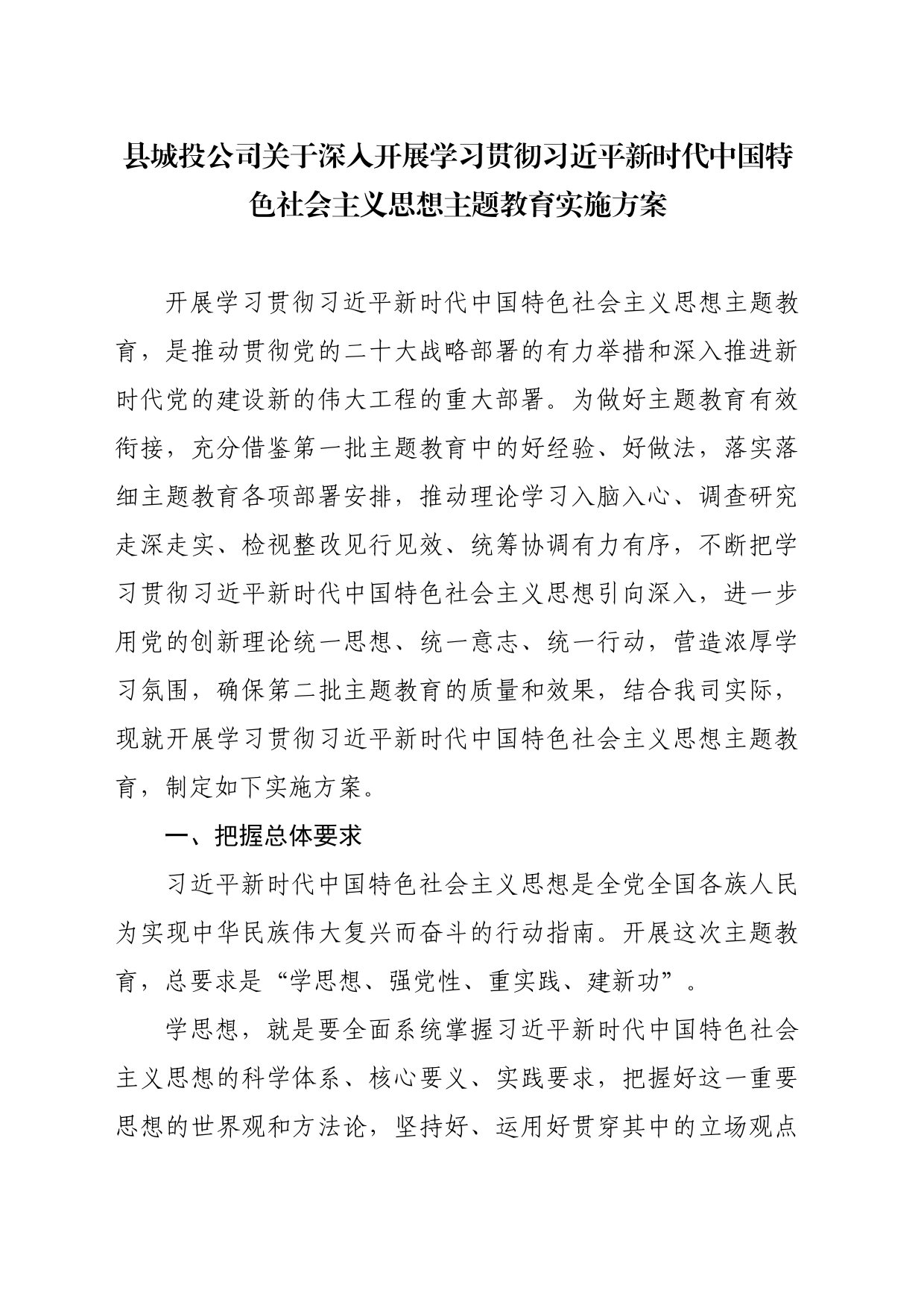 县城投公司学习贯彻主题教育实施方案_第1页