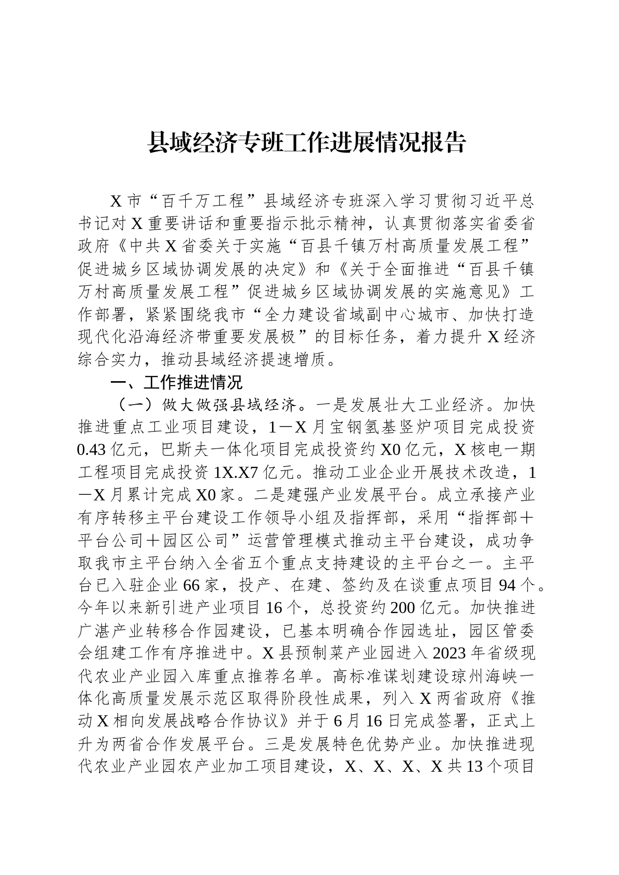 县域经济专班工作进展情况报告_第1页