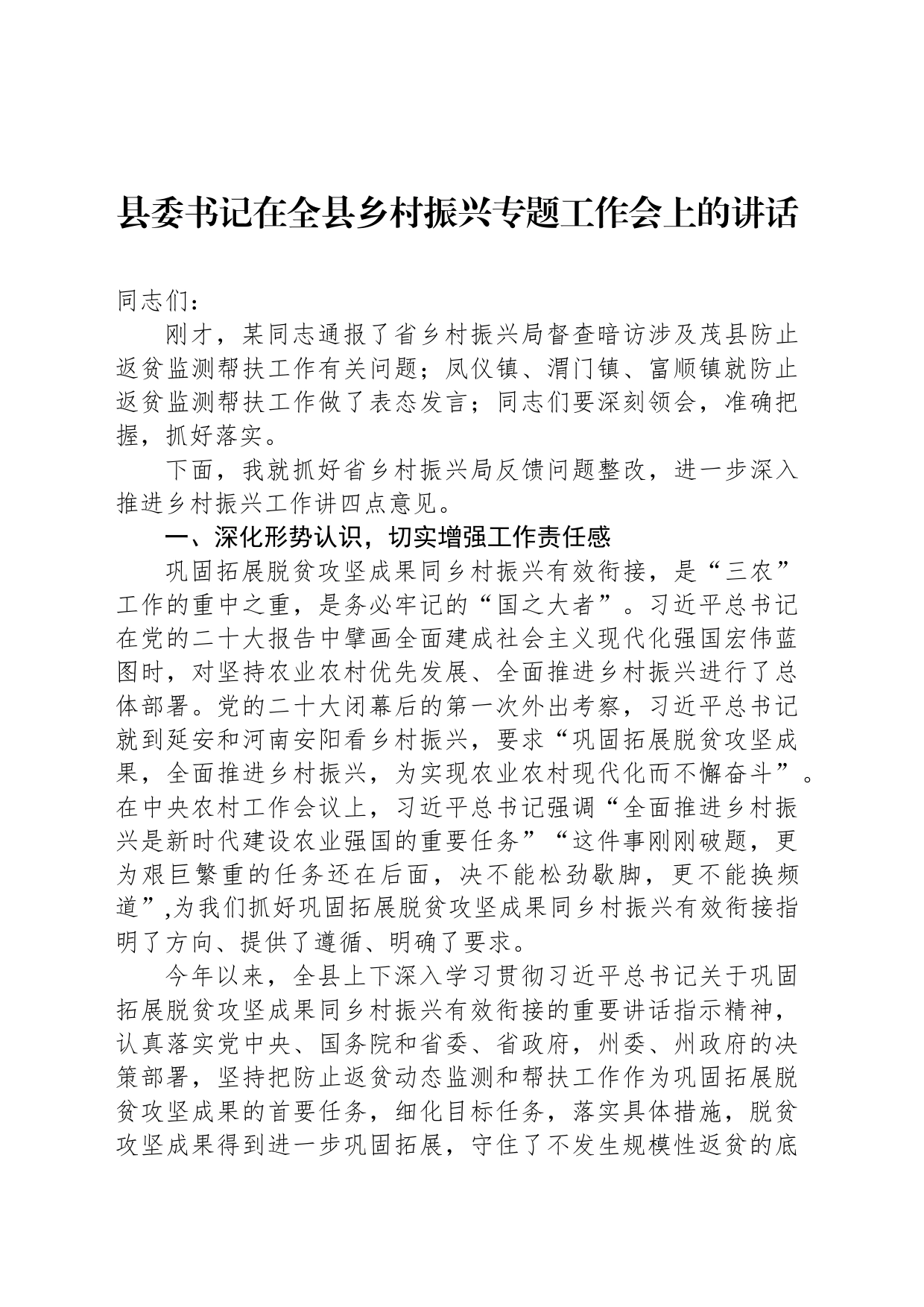 县委书记在全县乡村振兴专题工作会上的讲话_第1页