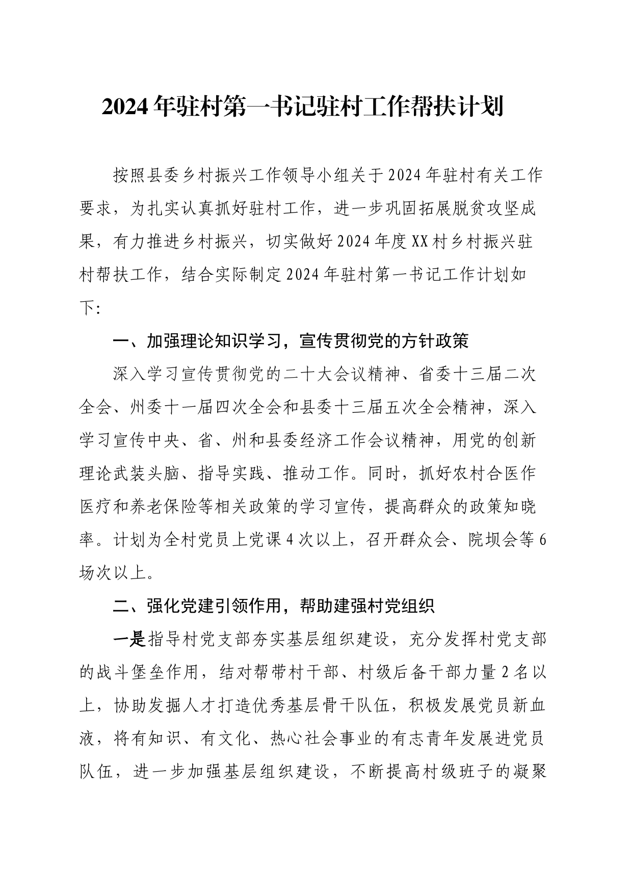 2024驻村第一书记驻村帮扶计划_第1页