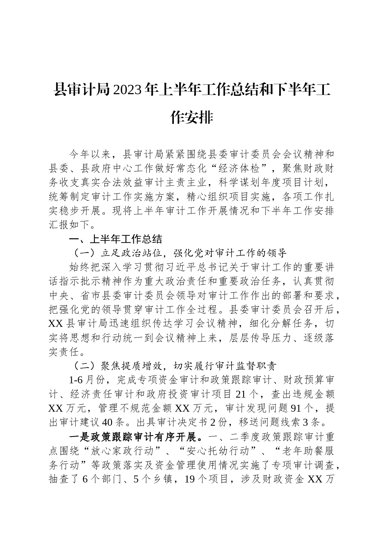 县审计局2023年上半年工作总结和下半年工作安排（20230905）_第1页