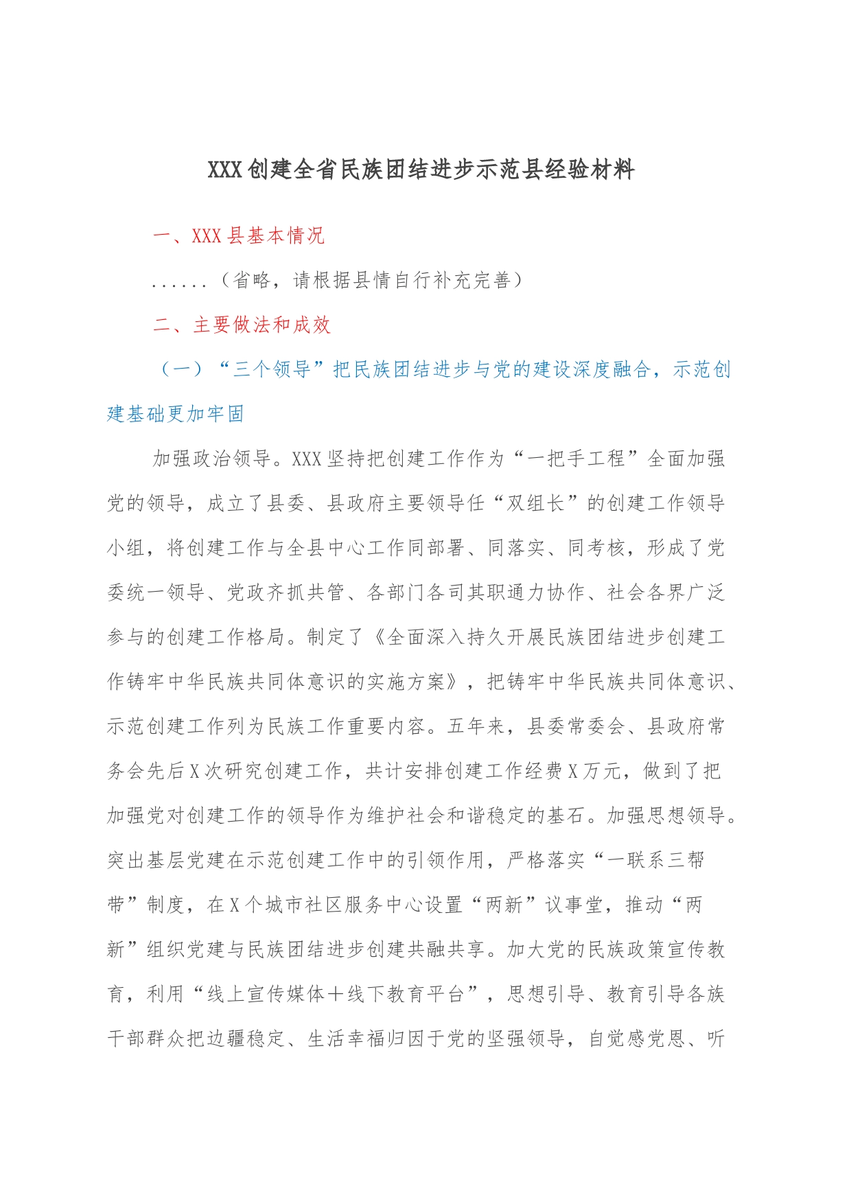 XXX创建全省民族团结进步示范县经验材料_第1页