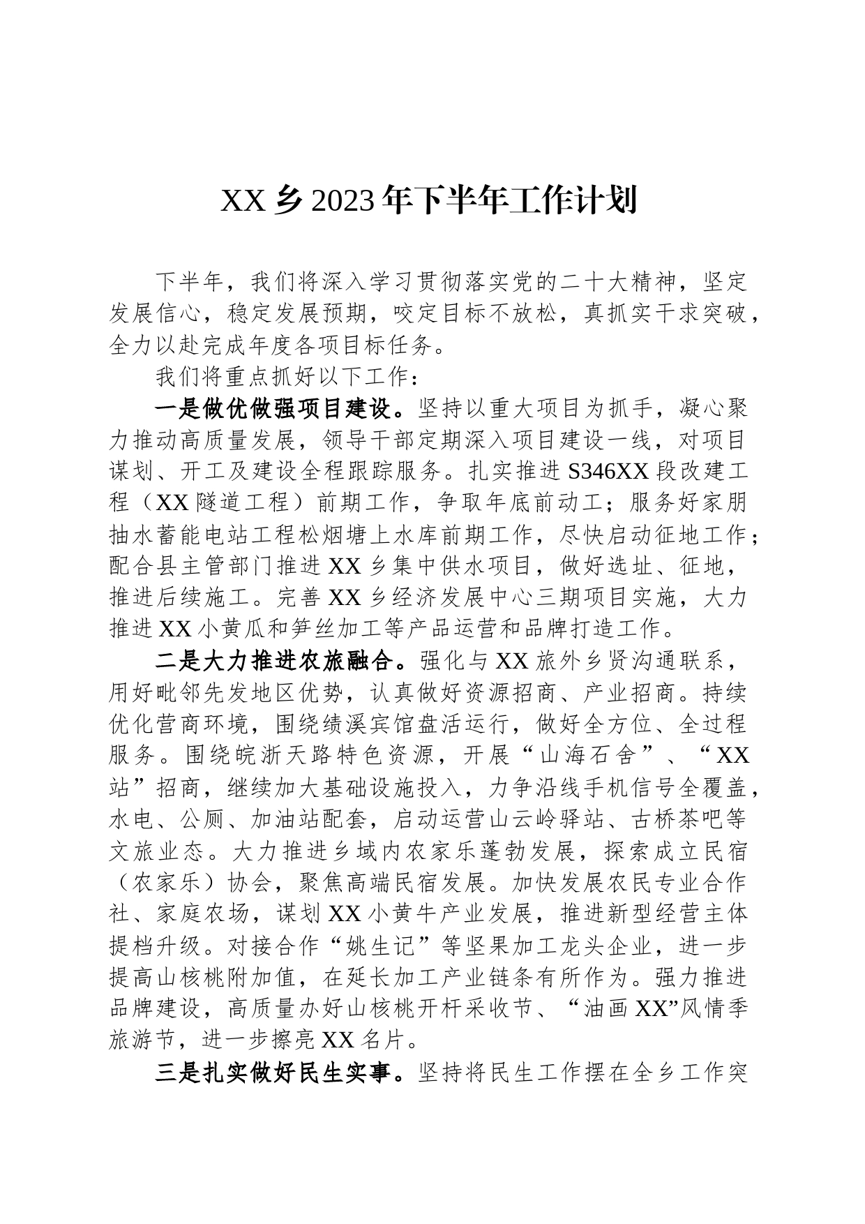 XX乡2023年下半年工作计划_第1页