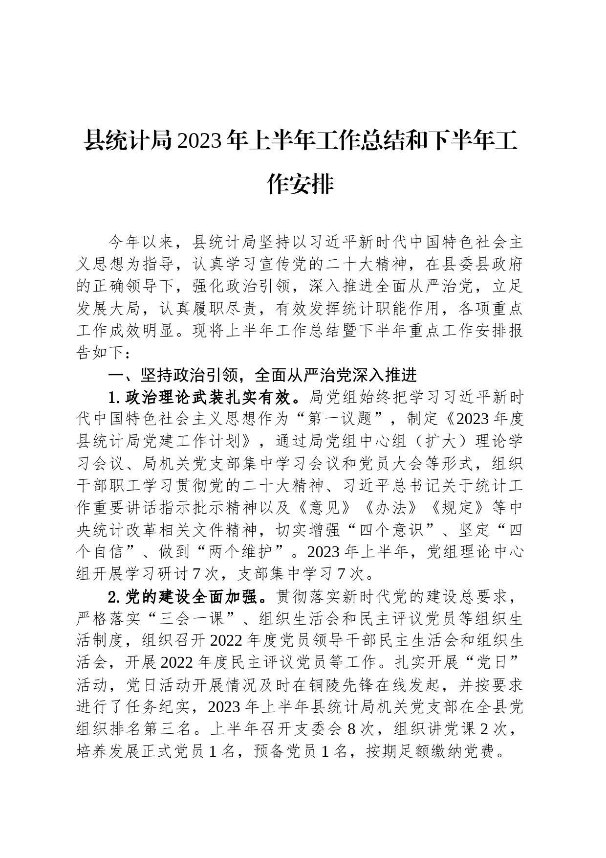 县统计局2023年上半年工作总结和下半年工作安排_第1页