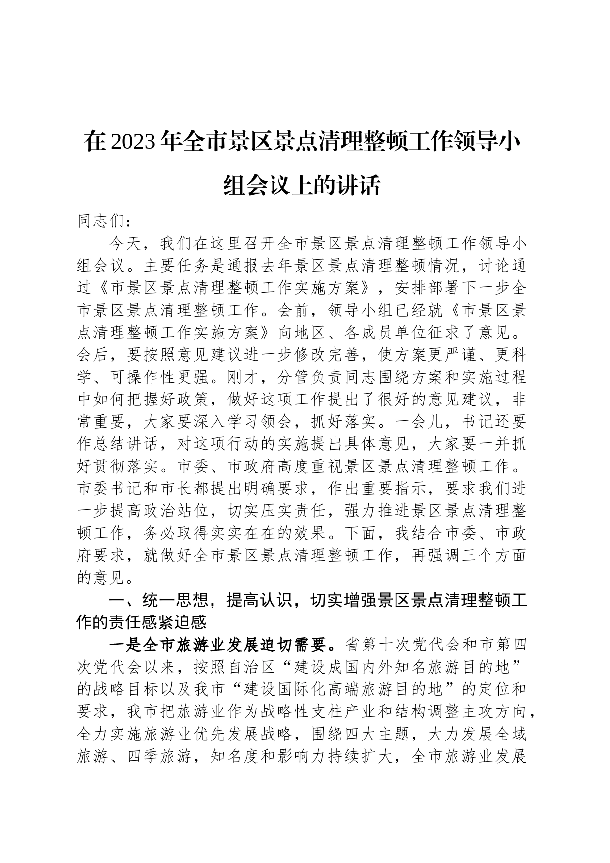在2023年全市景区景点清理整顿工作领导小组会议上的讲话_第1页