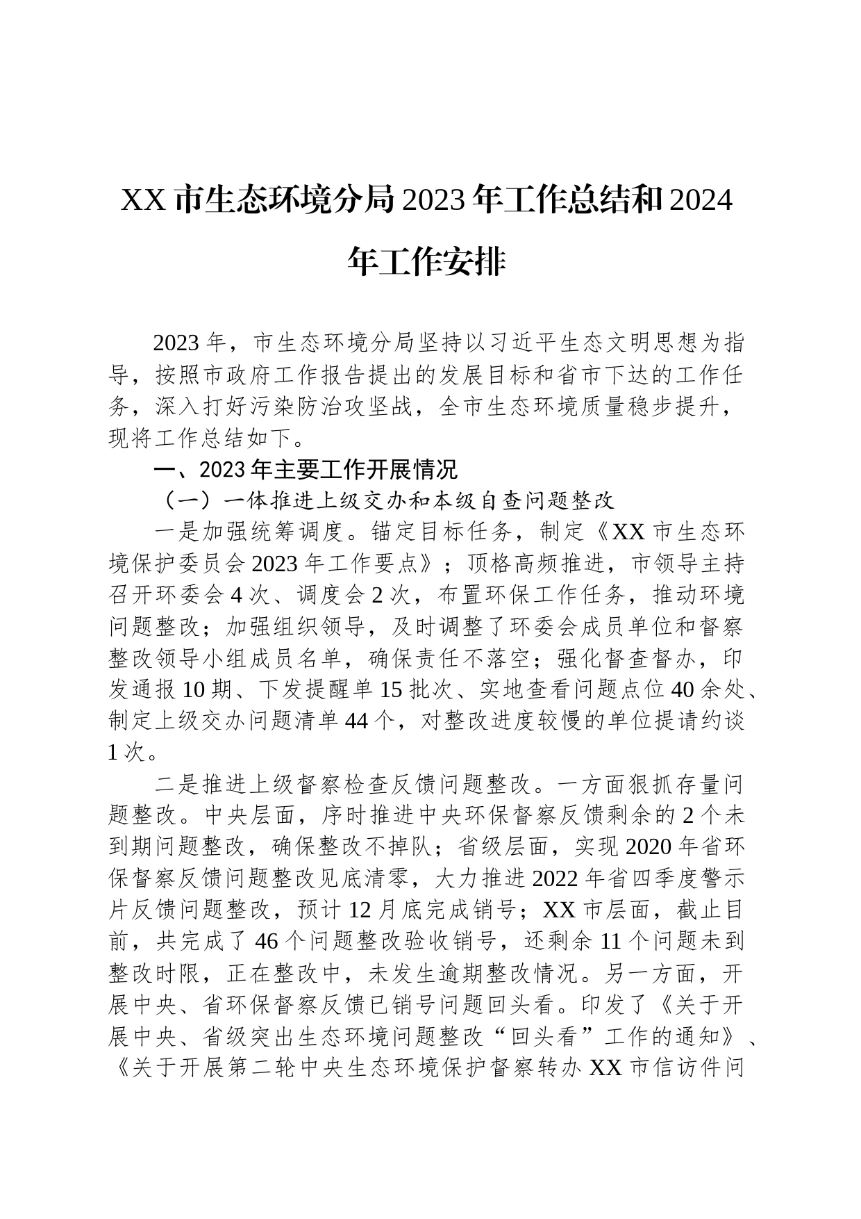 XX市生态环境分局2023年工作总结和2024年工作安排_第1页