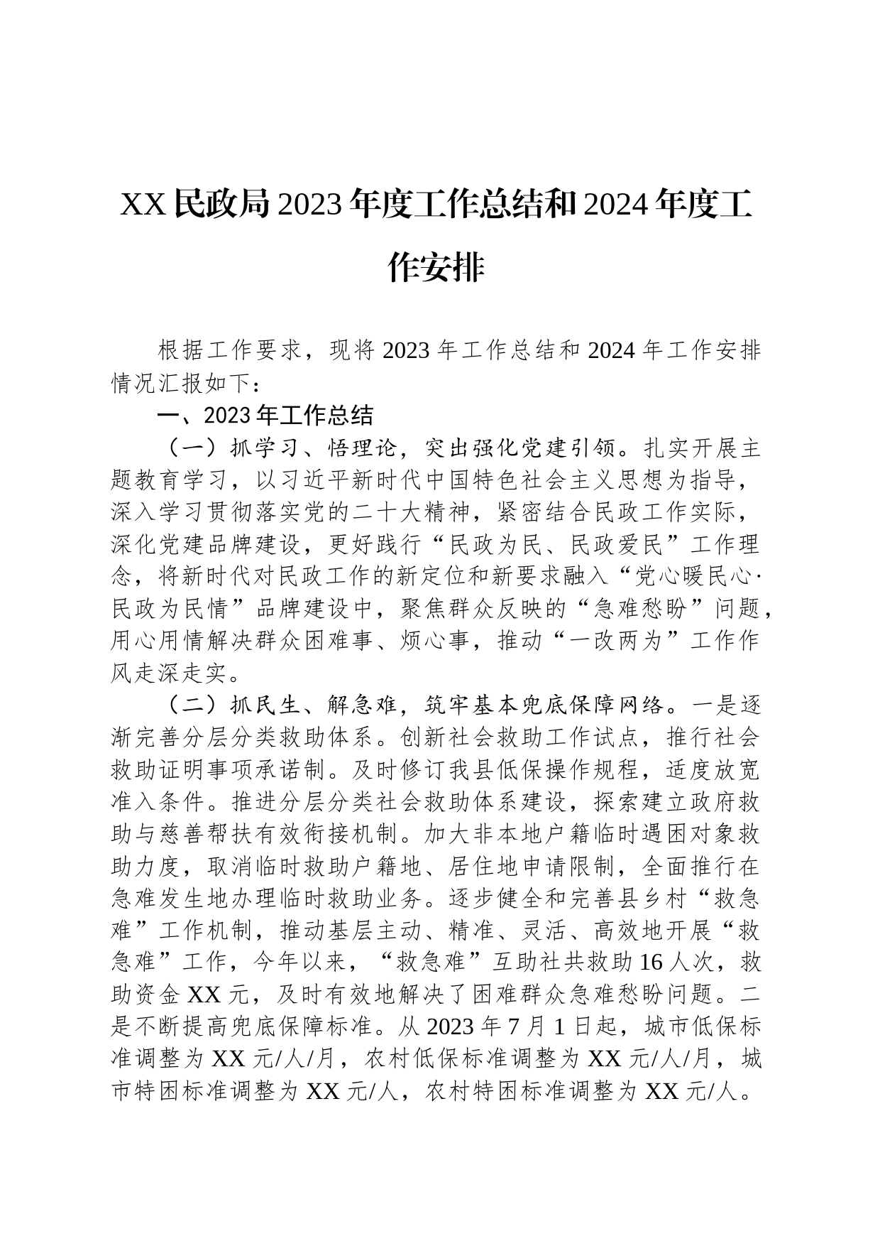 XX民政局2023年度工作总结和2024年度工作安排(20231220)_第1页